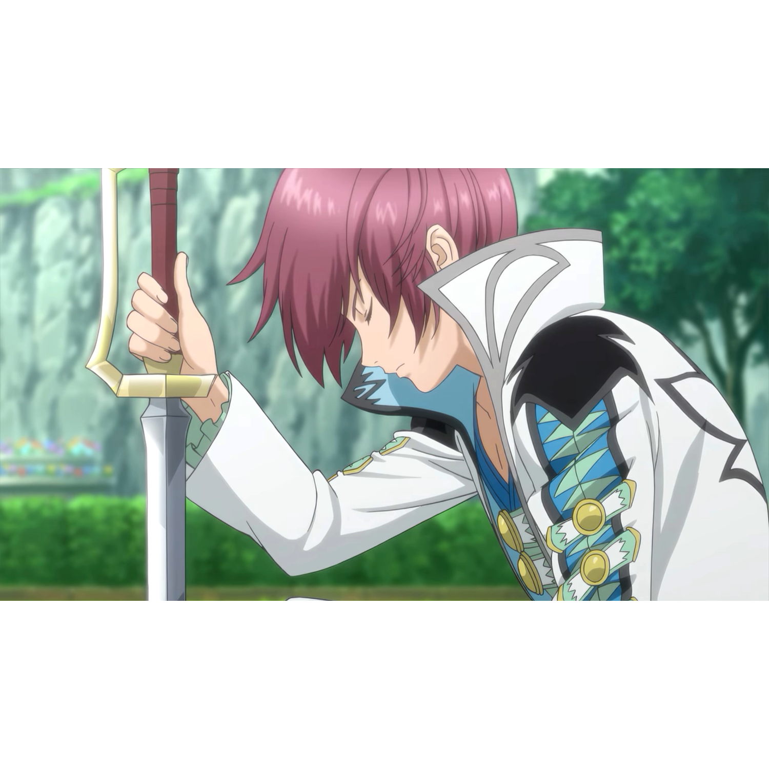 Anime-personage met roze haar, dat een zwaard vasthoudt, in een park.