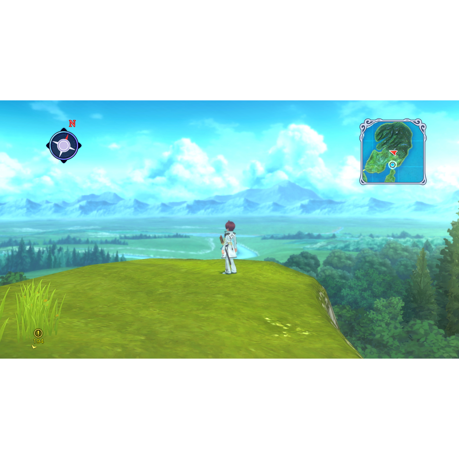 Anime landschap met een personage op een heuvel, kaart rechtsboven.