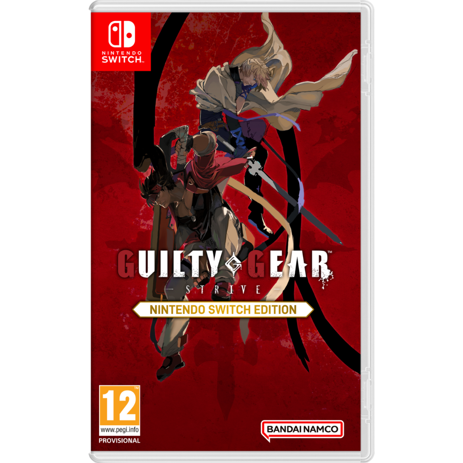 Guilty Gear Strive Nintendo Switch gamebox met twee personages in actie, rode achtergrond.