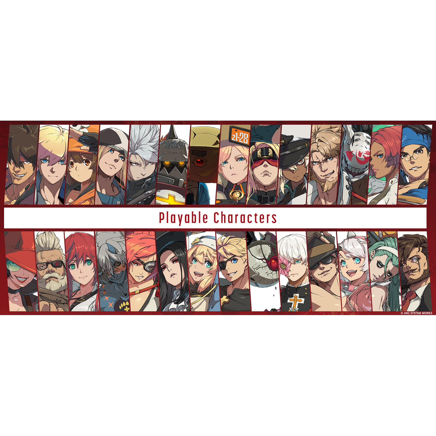 Een lange banner met personages uit een videogame. Elk personage heeft een uniek ontwerp.