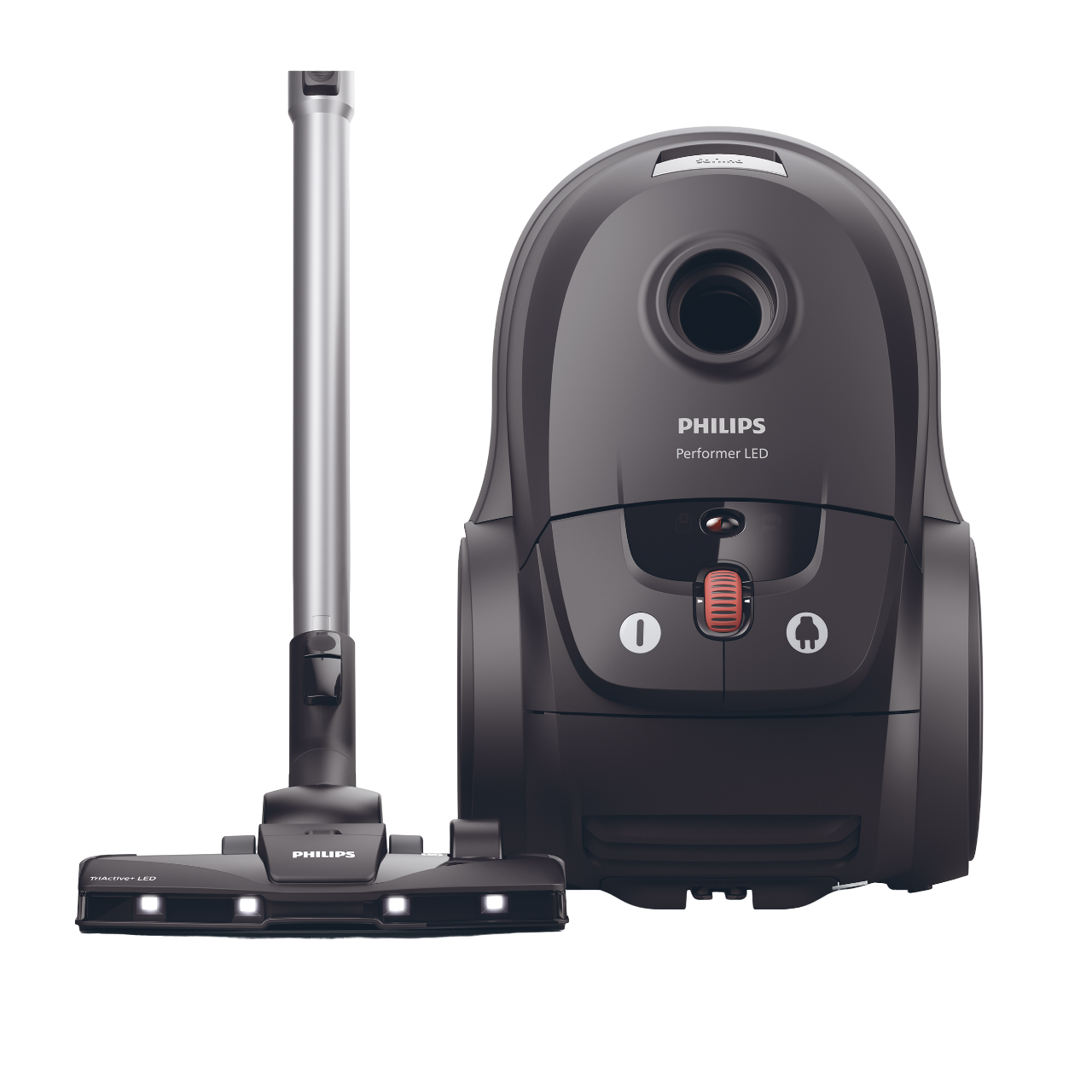 Schwarzer Philips Performer LED Staubsauger mit Zubehör auf schwarzem Hintergrund.