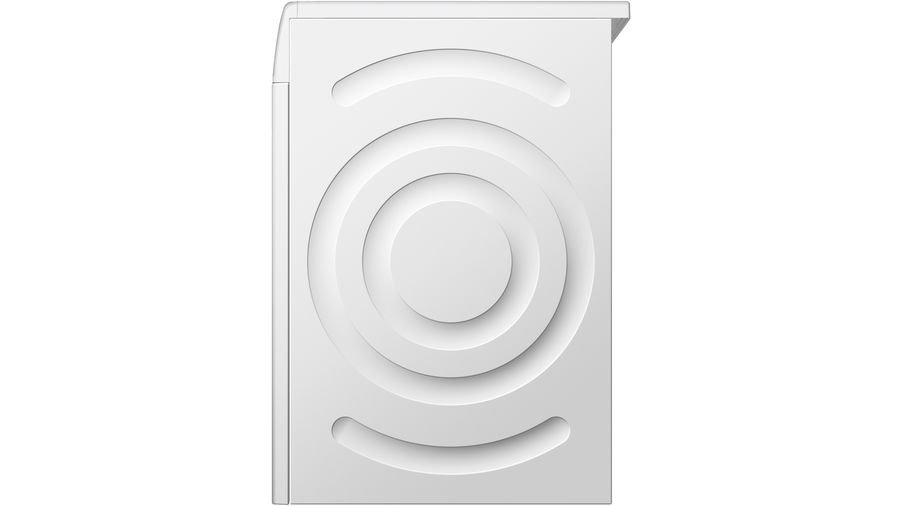 La parte trasera de una lavadora blanca, con un diseño circular en la superficie.