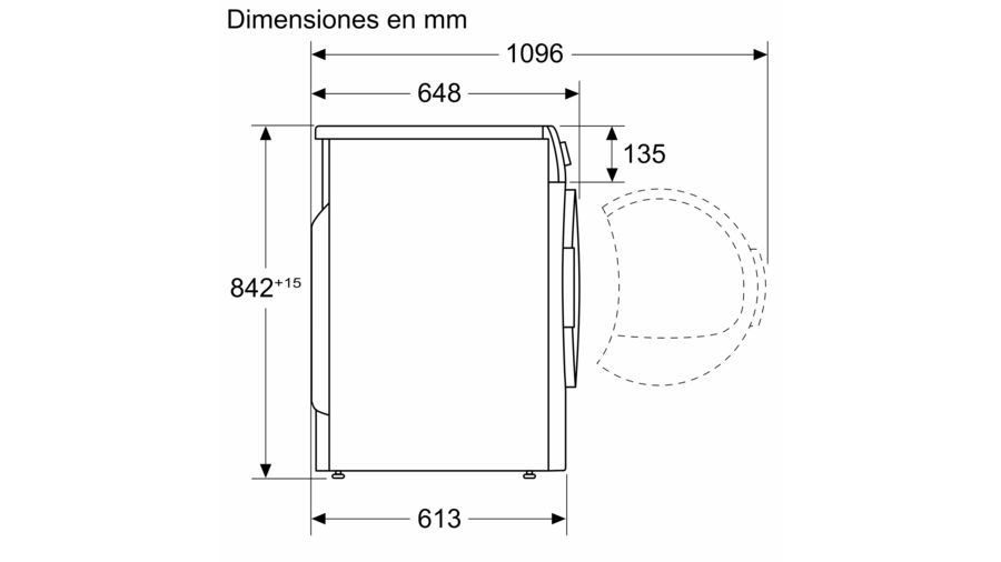Dibujo técnico de una máquina con dimensiones en mm. Vista lateral, con medidas etiquetadas.