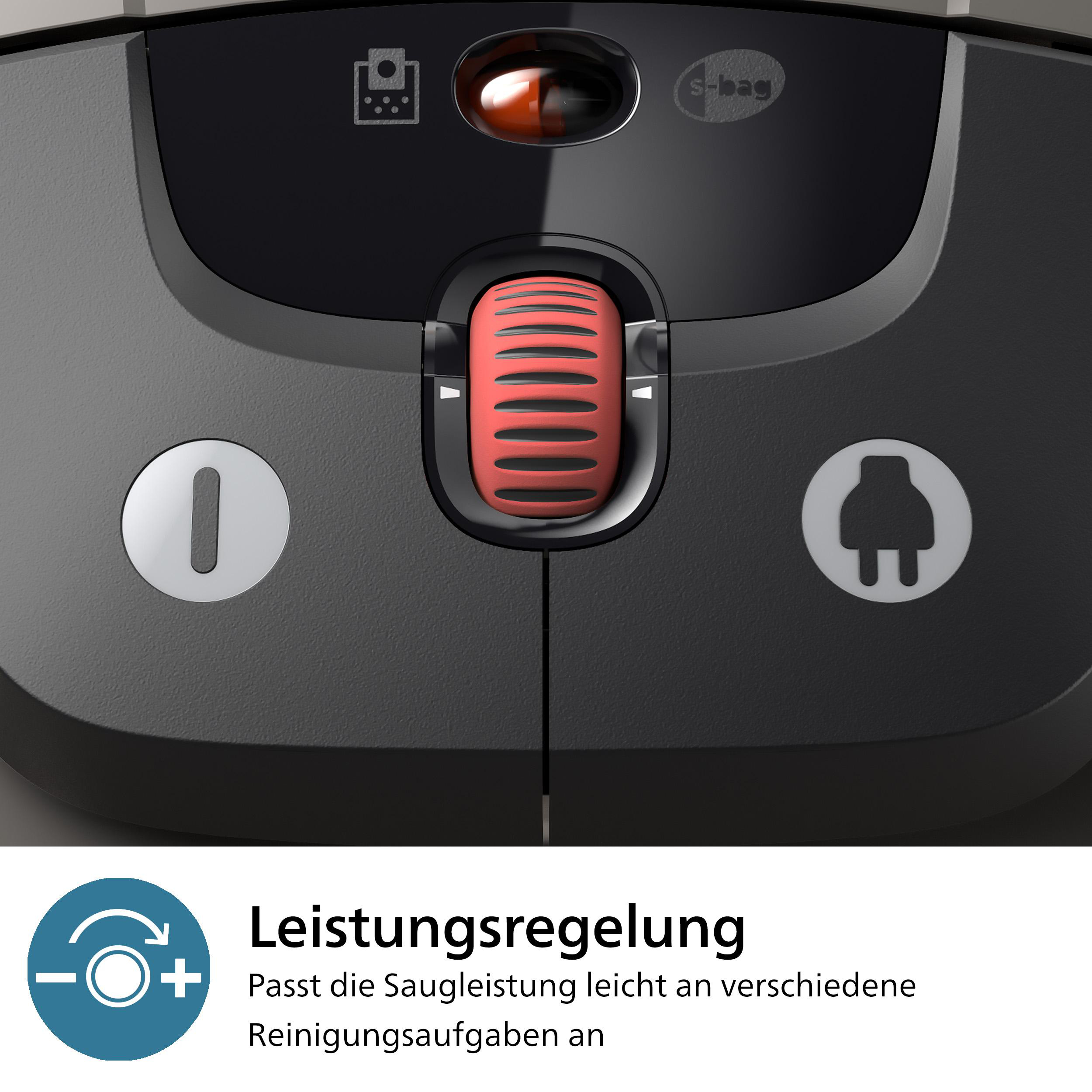 Nahaufnahme eines Staubsaugers mit Leistungsregulierungsknöpfen und Symbolen.