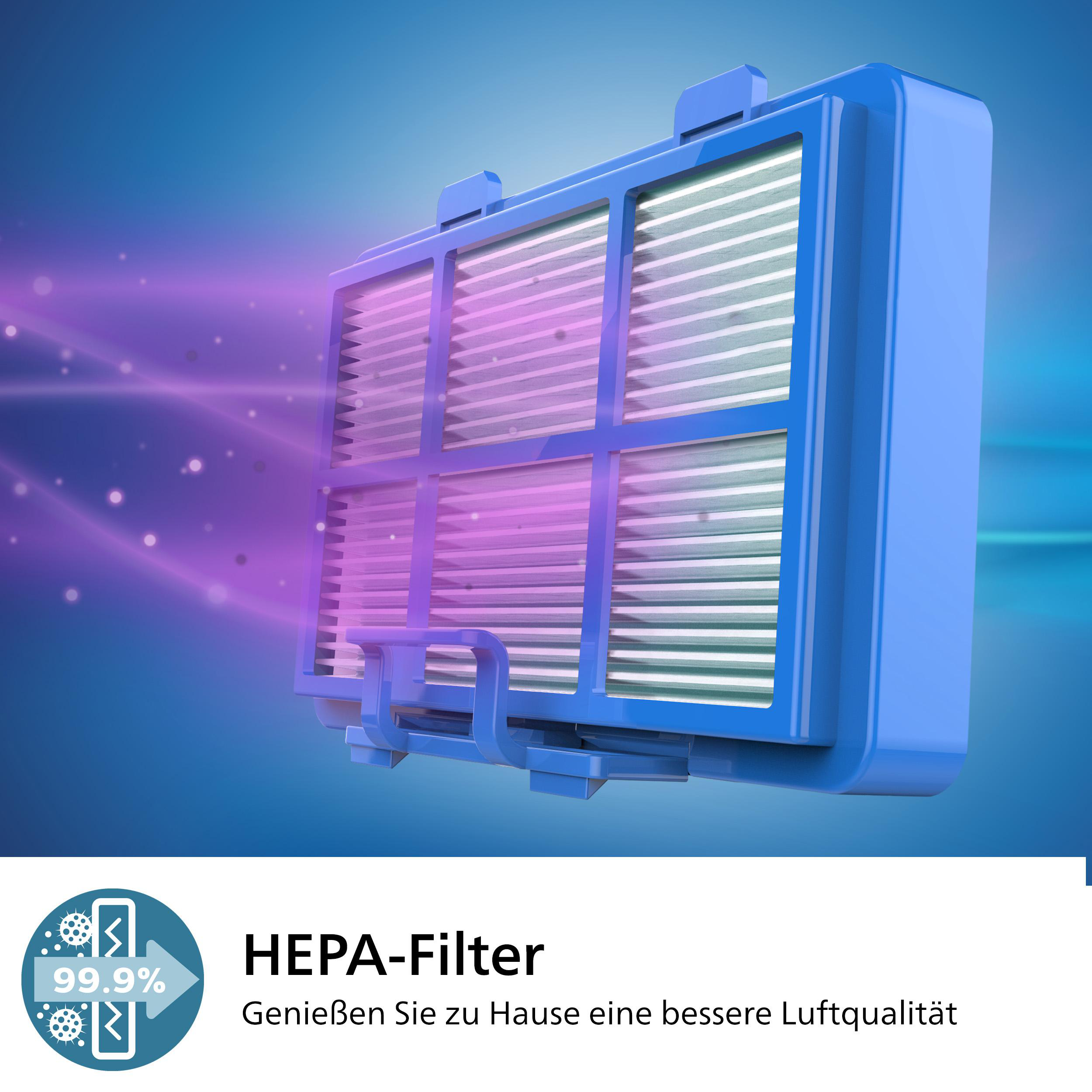 Blauer Filter mit violetten Lichtstrahlen, zeigt den HEPA-Filter und den Slogan.