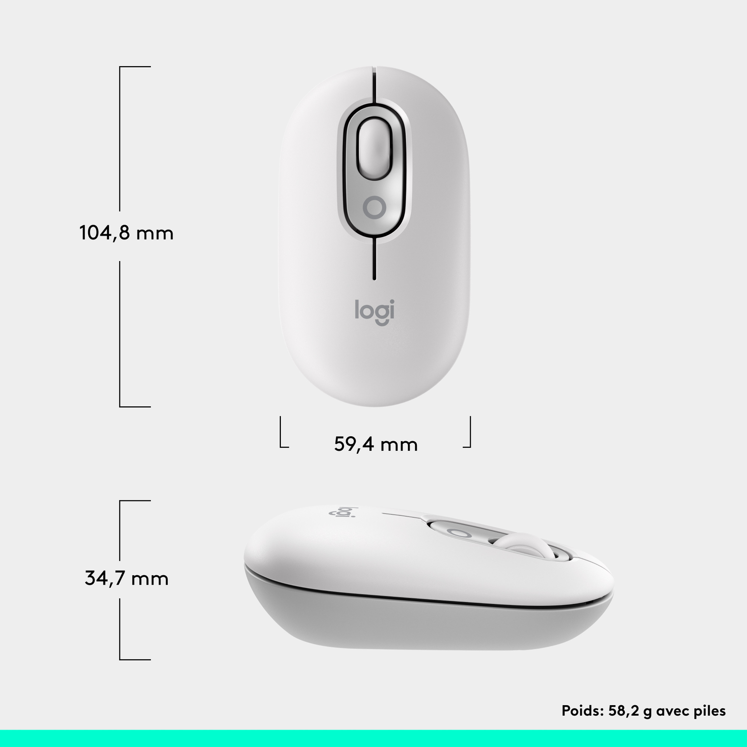 Vue de dessus et latérale de la souris, blanche, dimensions et poids indiqués.