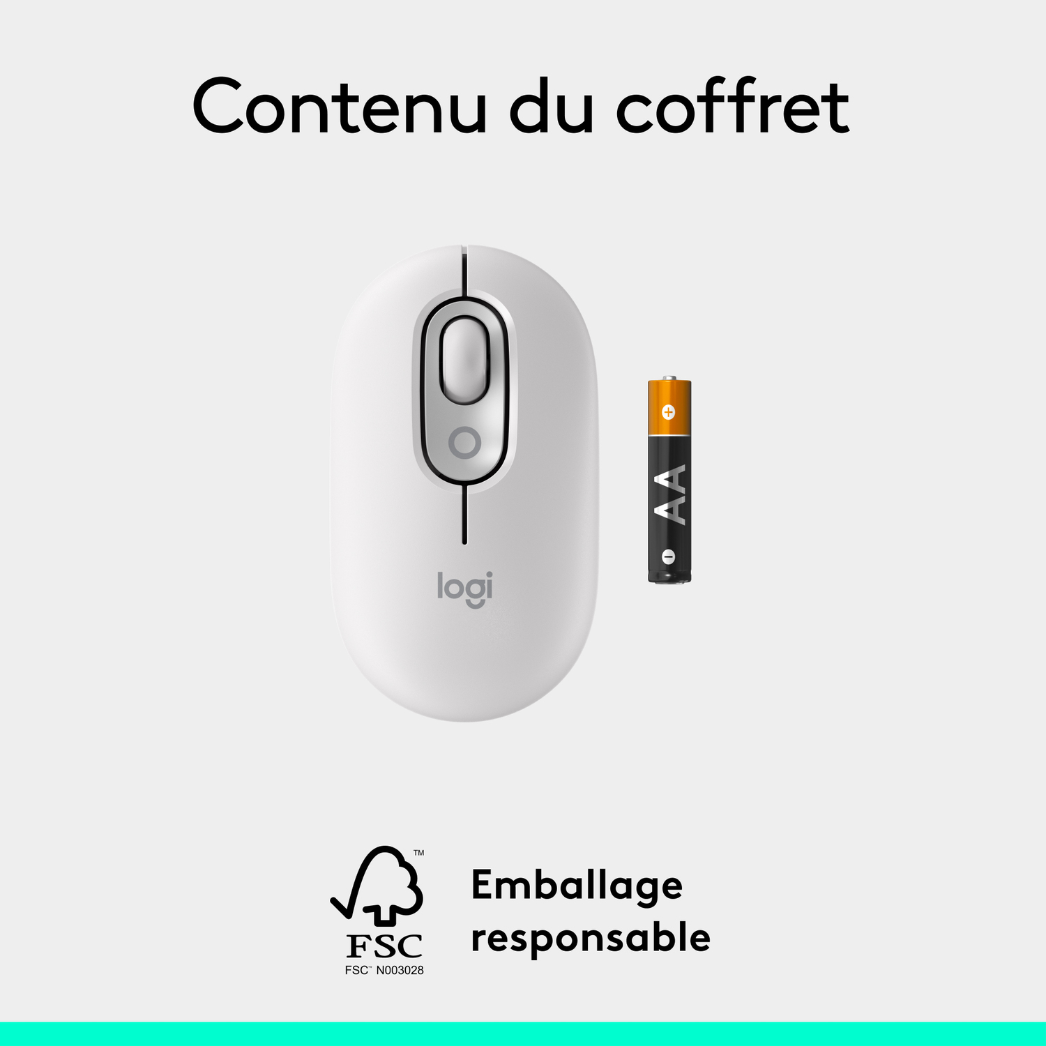 Souris blanche et une pile AA. Le texte dit "Contenu du coffret" et "Emballage responsable".
