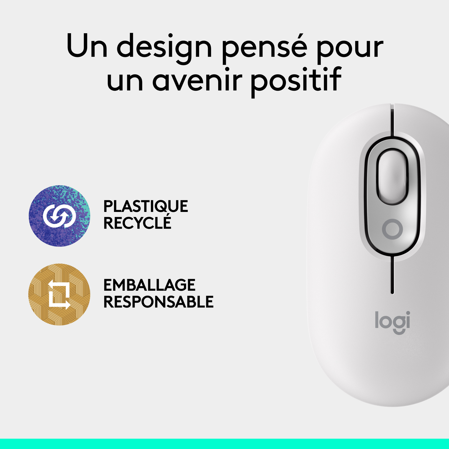 Souris d'ordinateur blanche avec texte et logos sur le recyclage et l'emballage responsable.
