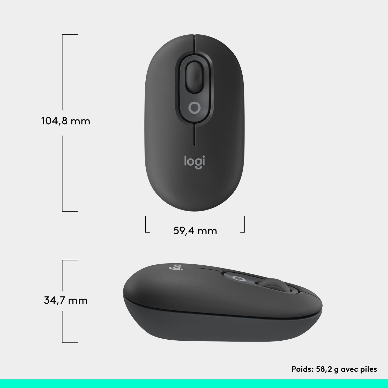 Une souris Logitech noire. La souris est de forme ovale, avec un bouton et une molette de défilement.