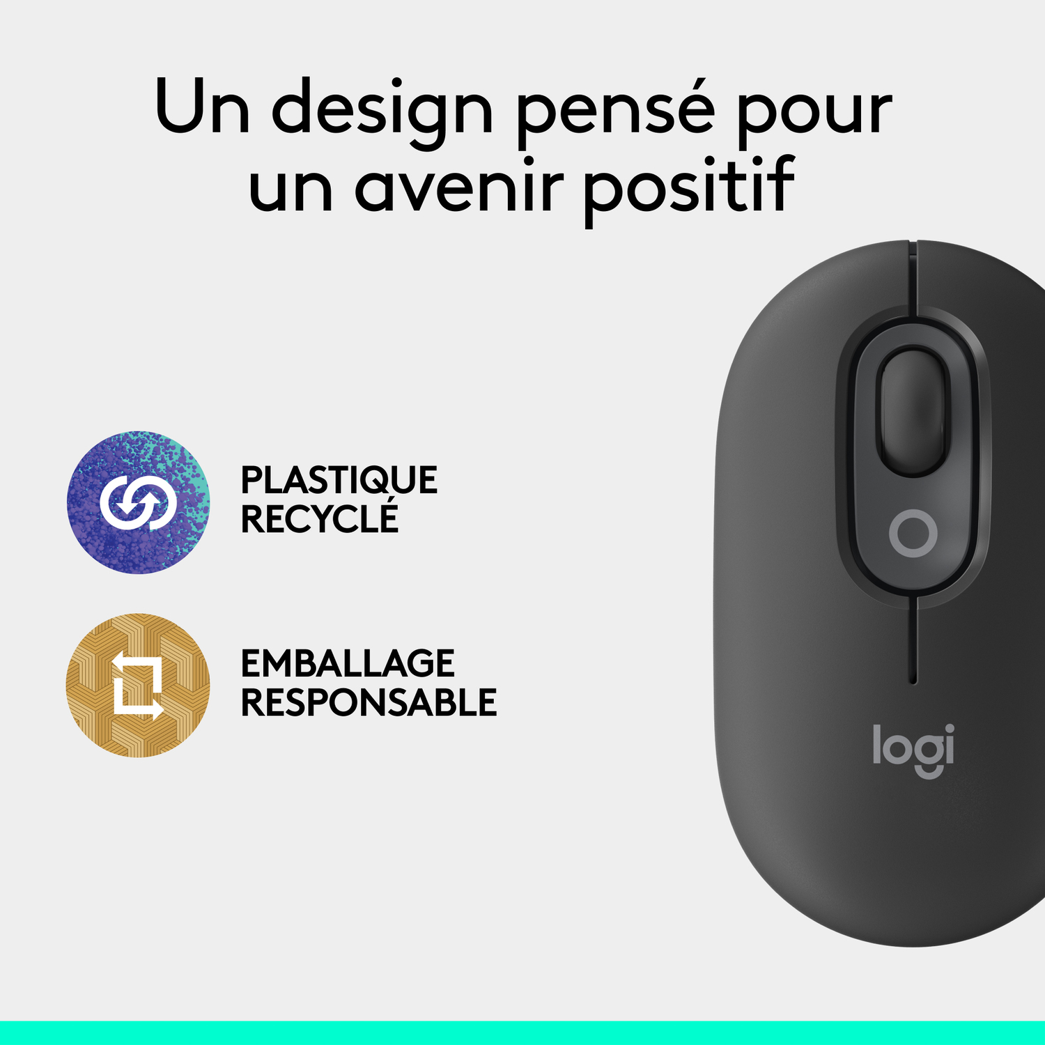 Souris noire avec icônes de recyclage et d'emballage responsable. Texte en français.