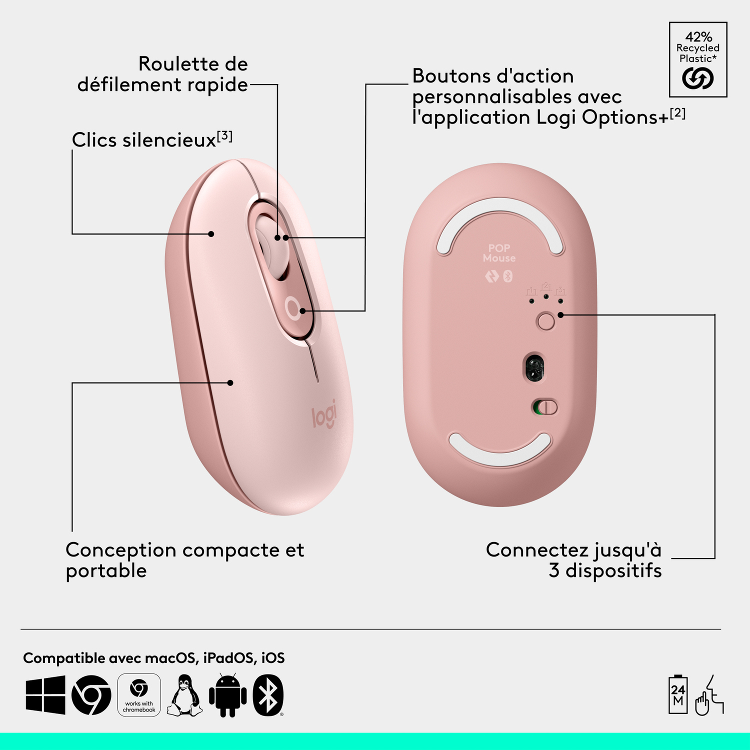 Souris Logitech Pop rose avec étiquettes. Fonctions incluent défilement rapide, clics silencieux et design compact.