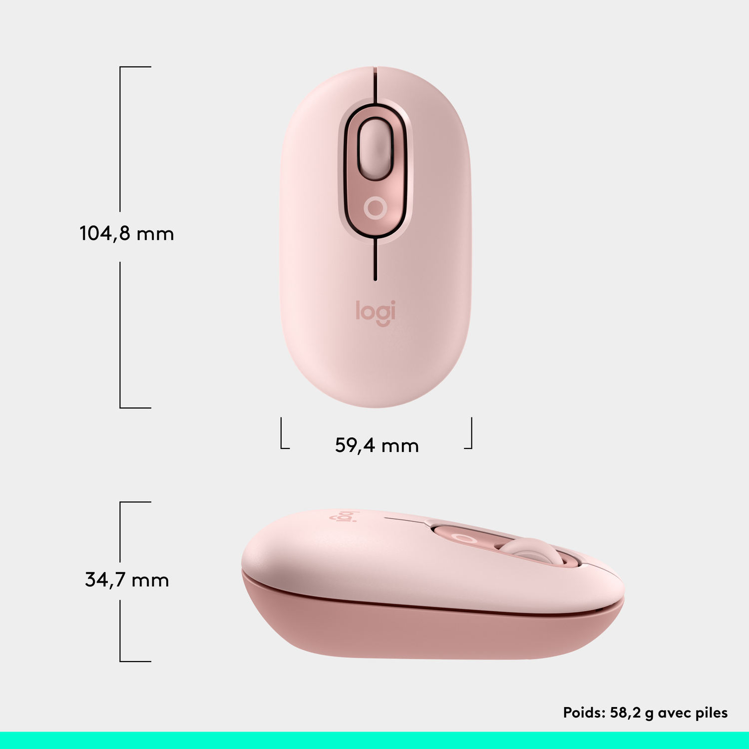 Souris rose avec dimensions étiquetées.