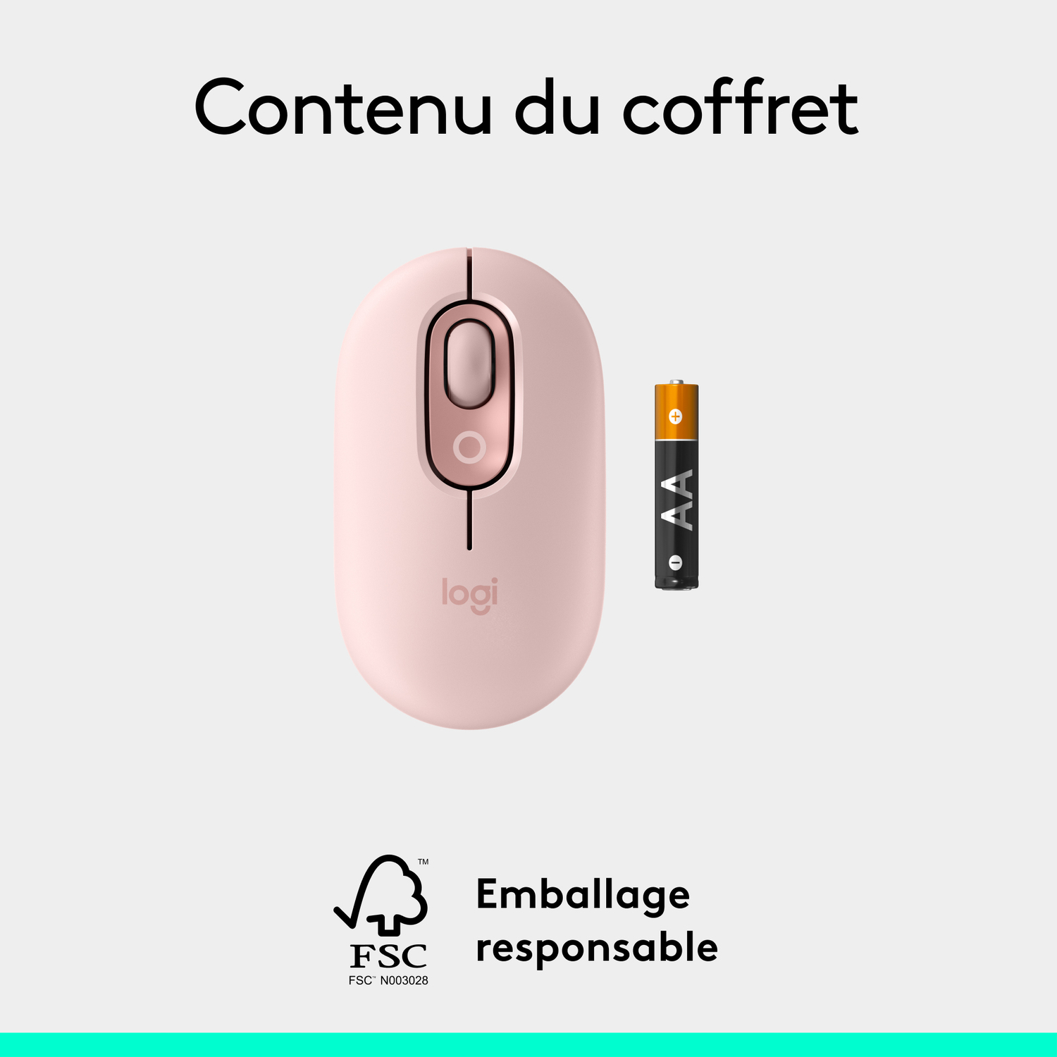 Souris Logitech rose et pile AA sur surface blanche. L'emballage est aussi montré.