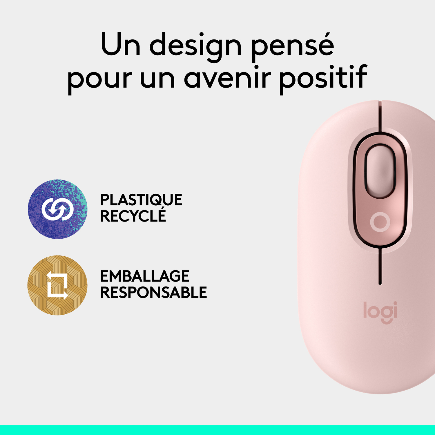 Souris d'ordinateur rose avec des symboles de recyclage. Texte : Plastique recyclé et emballage.