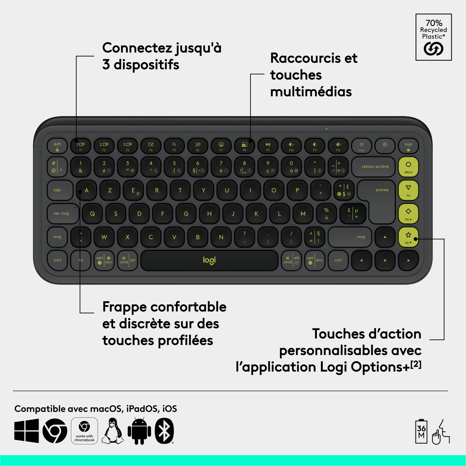 Un clavier sans fil noir avec des touches en surbrillance verte et la marque Logitech. Texte en français.