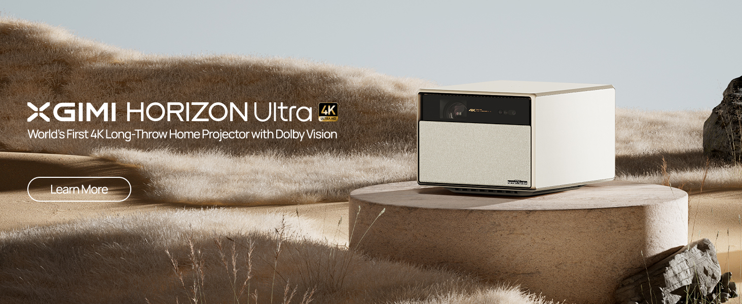 Fehér és bézs projektor egy kerek állványon, 'XGIMI HORIZON Ultra' szöveggel és 'Tudj meg többet' gombbal.