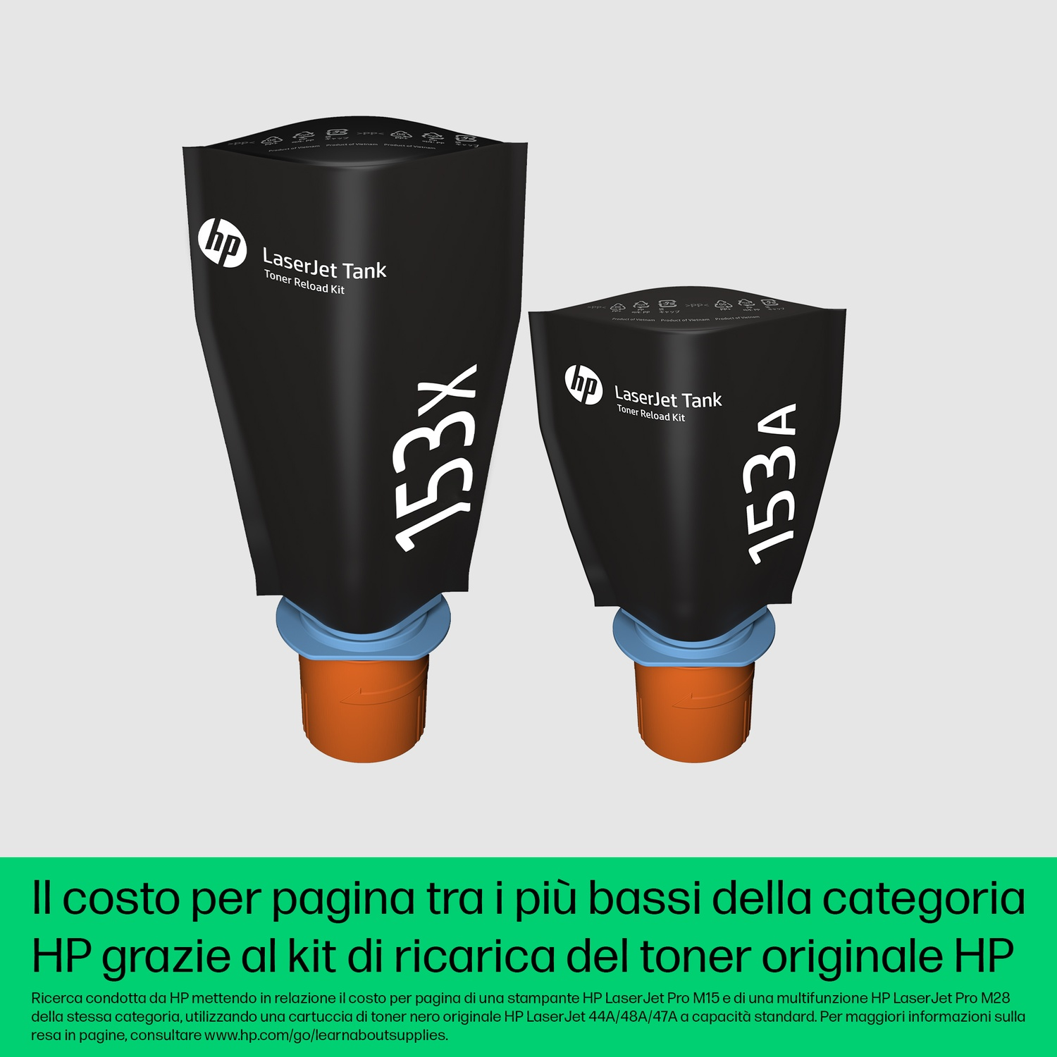 Due cartucce toner nere con base blu e arancione, etichettate '153X' e '153A'.