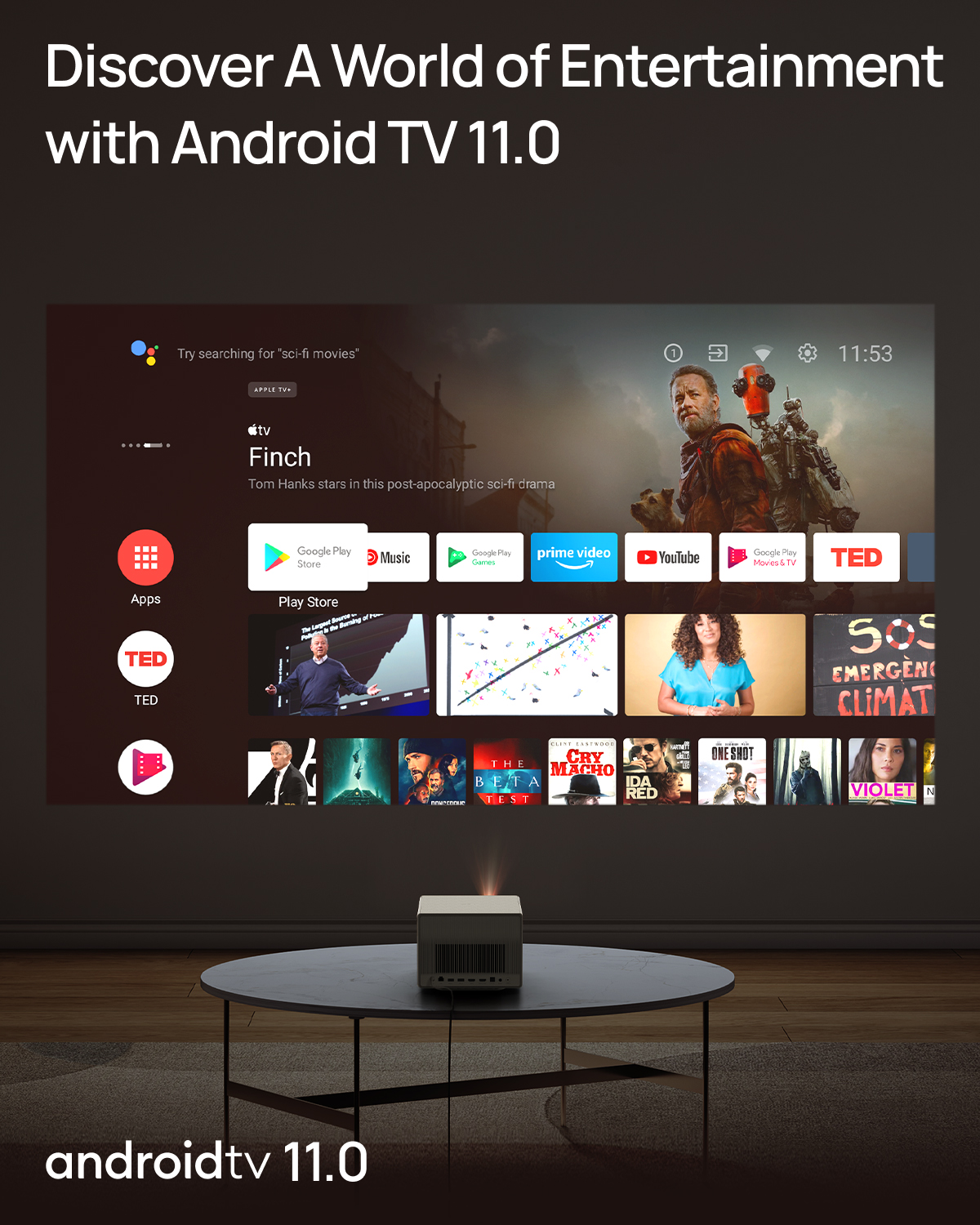 Egy projektor filmet vetít Android TV 11.0 felülettel, látható alkalmazásokkal és Play Store-ral.