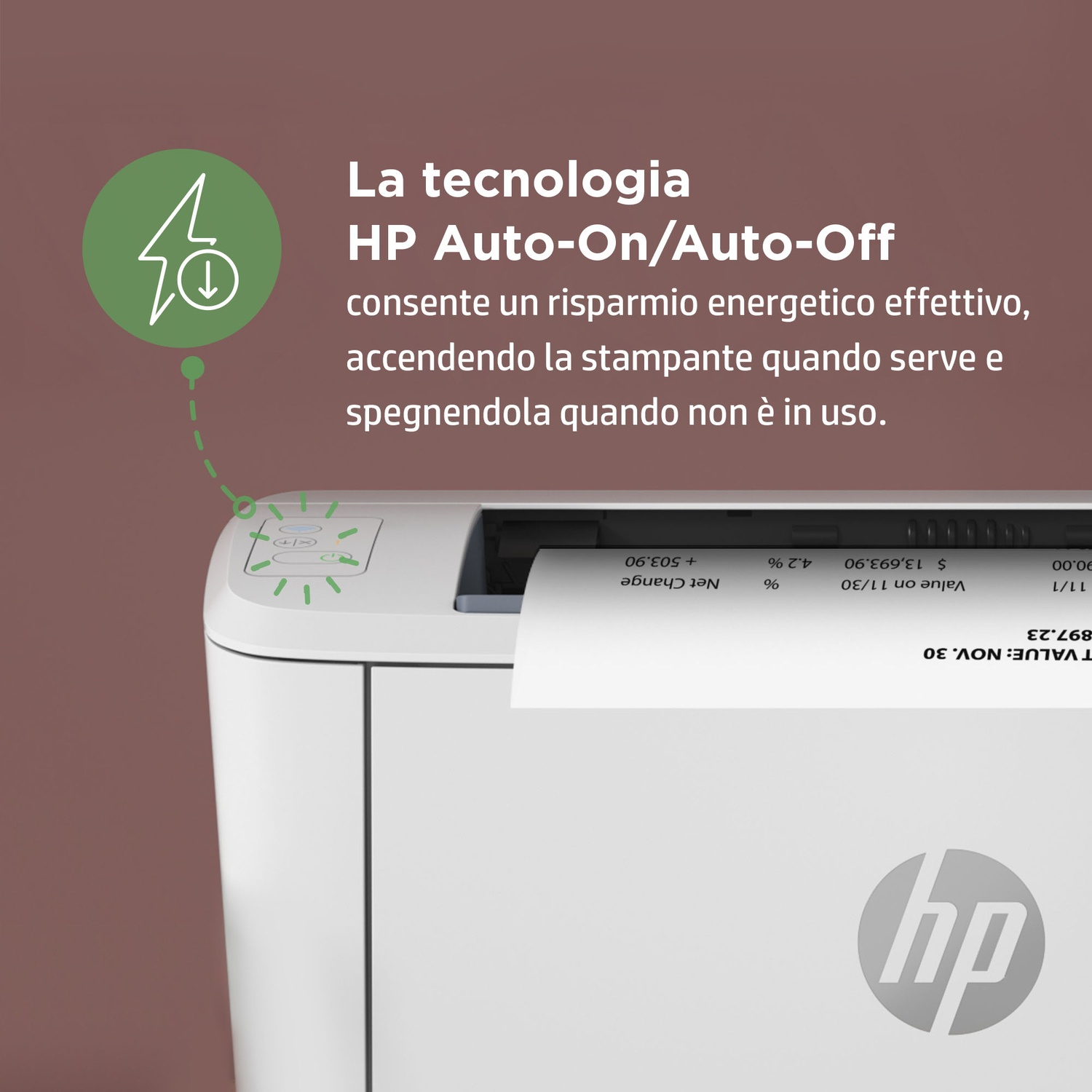 Una stampante con una pagina che mostra un grafico. Testo in italiano, con un'icona di risparmio energetico.