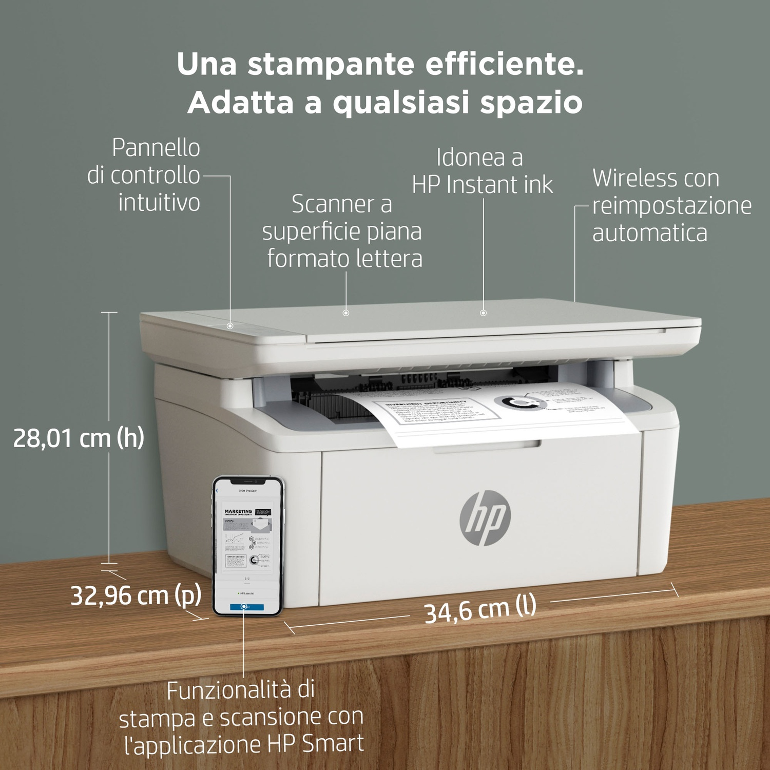 Stampante HP bianca con un documento in stampa e dimensioni visualizzate con sovrapposizioni di testo.