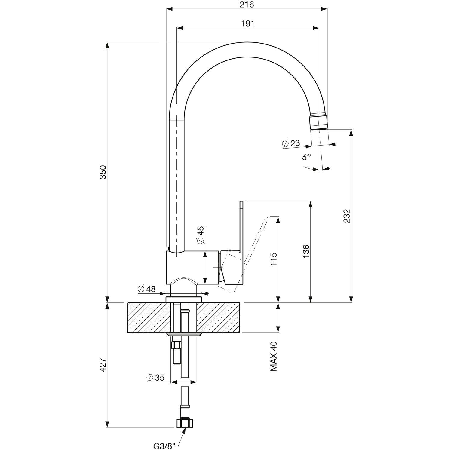 Diagramm eines Küchenwasserhahns mit Maßen und Abmessungen in mm.