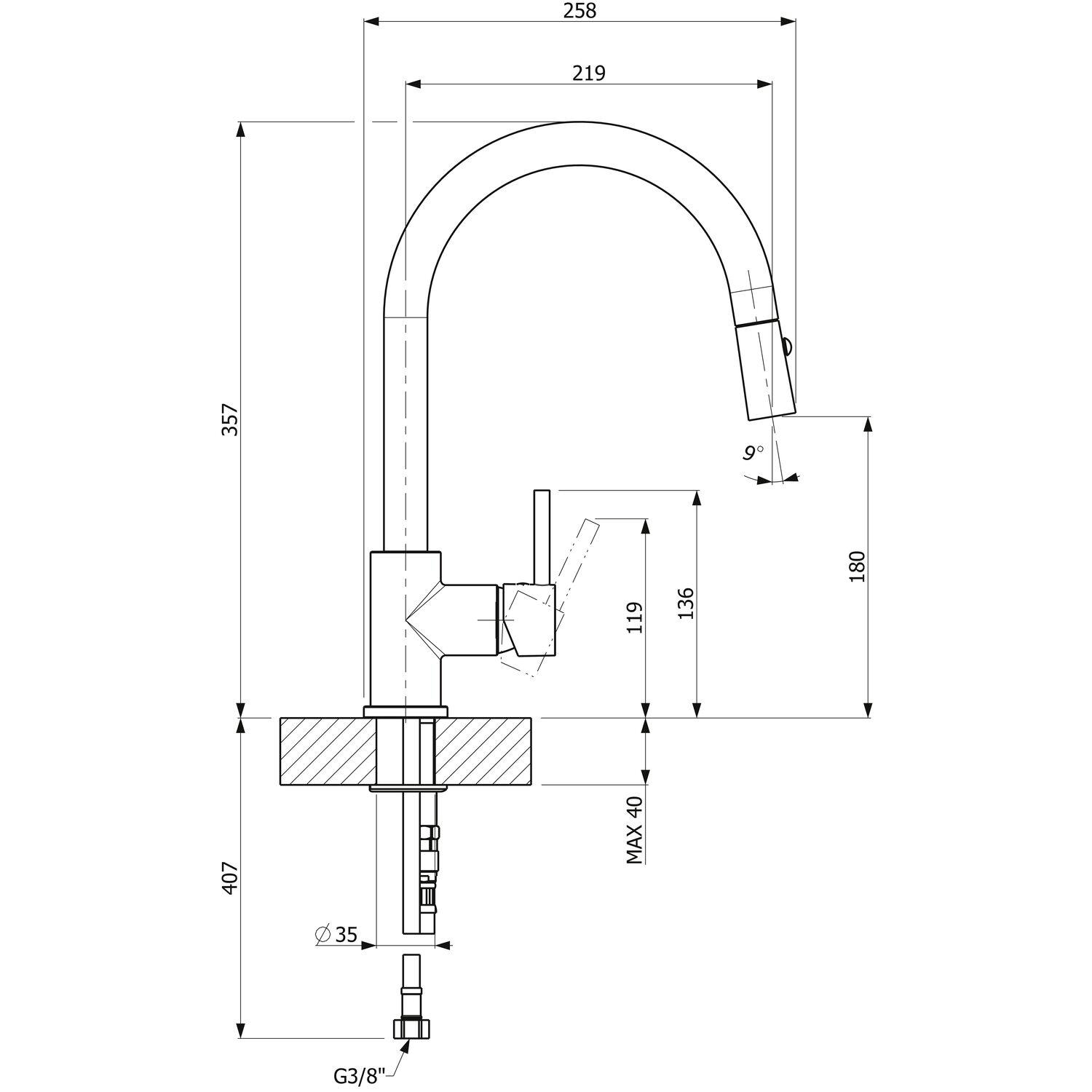 Ein Wasserhahndiagramm mit Messungen und Beschriftungen in schwarzen Linien auf weißem Hintergrund.