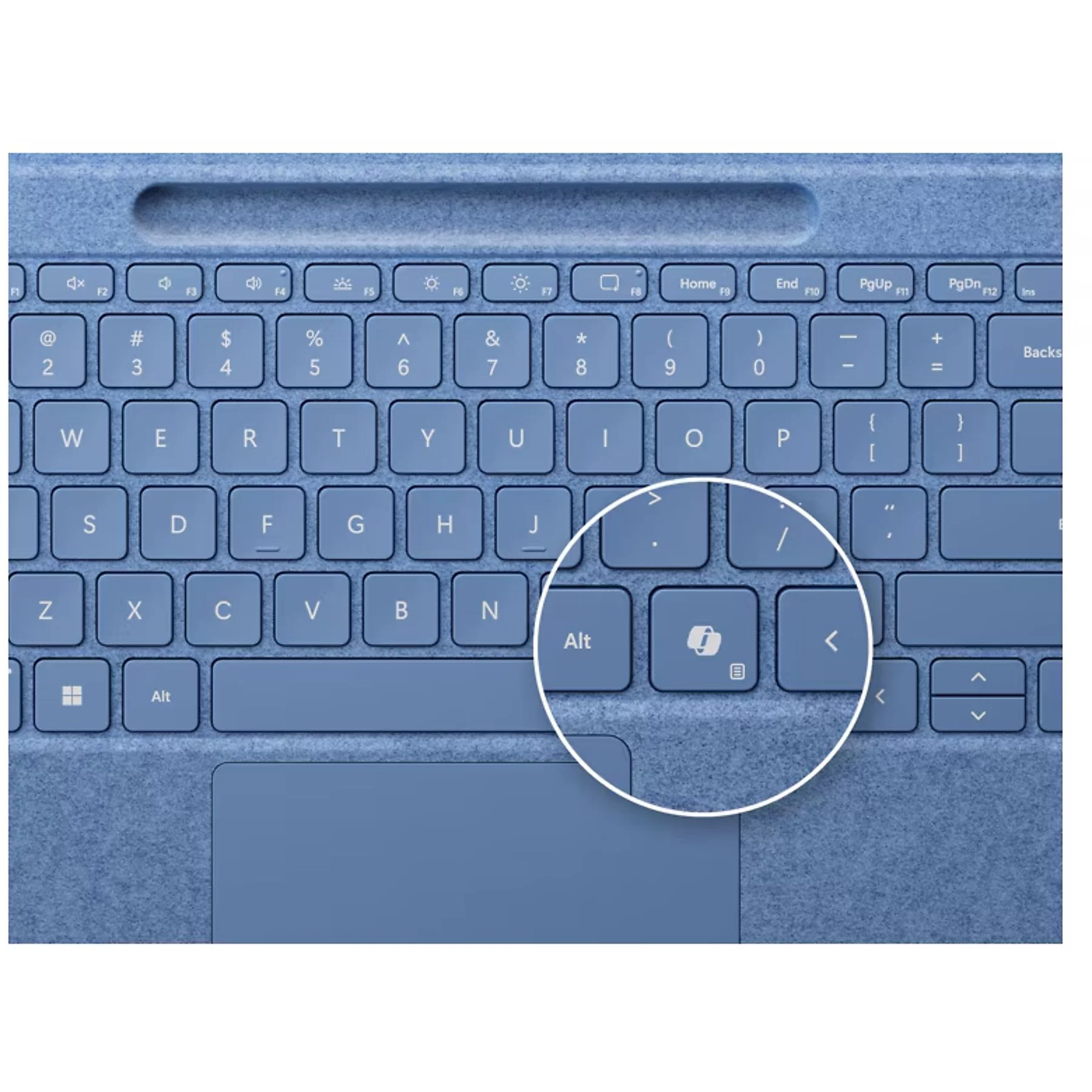 Nahaufnahme einer blauen Tastatur mit einem eingekreisten Schloss-Symbol auf der Alt-Taste.