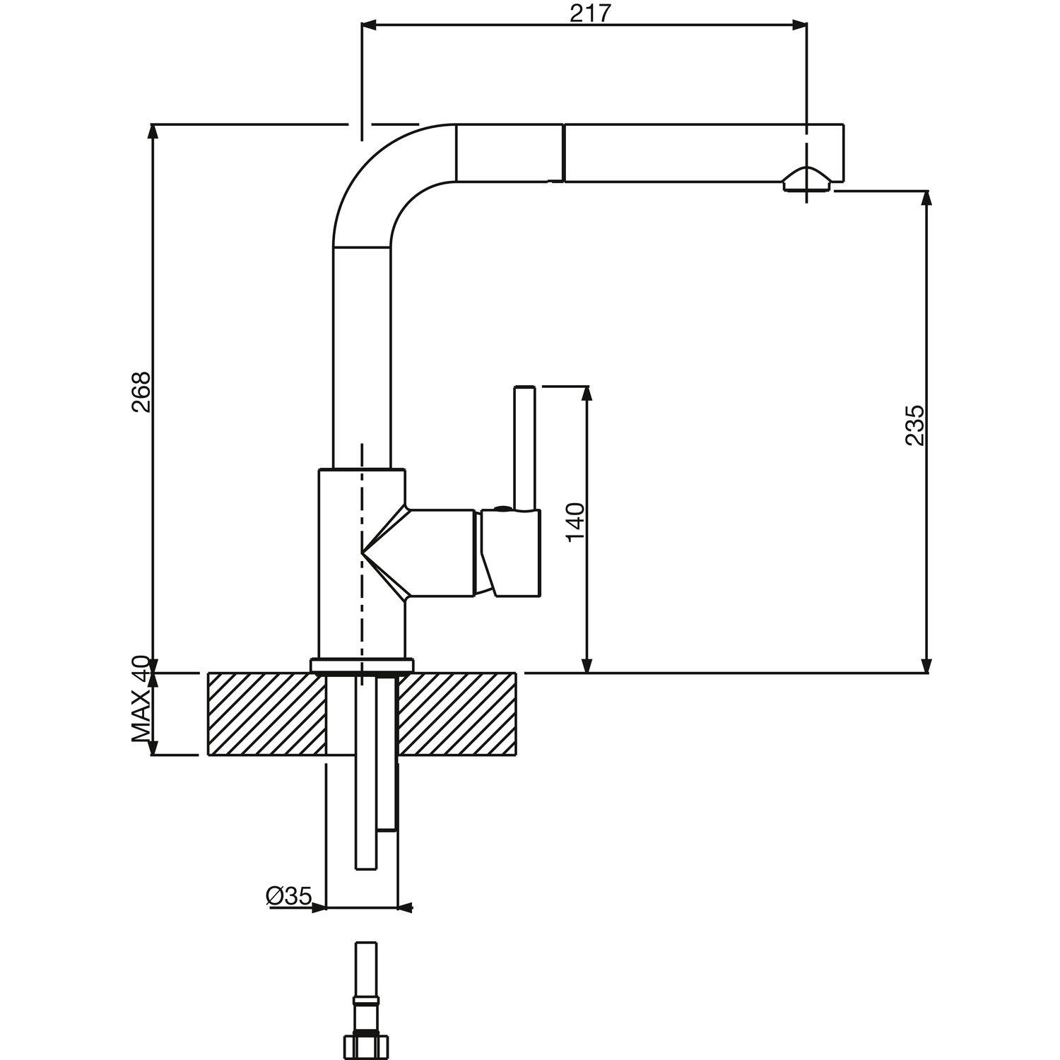 Technische Zeichnung eines Küchenwasserhahns mit Maßen und Abmessungen in mm.