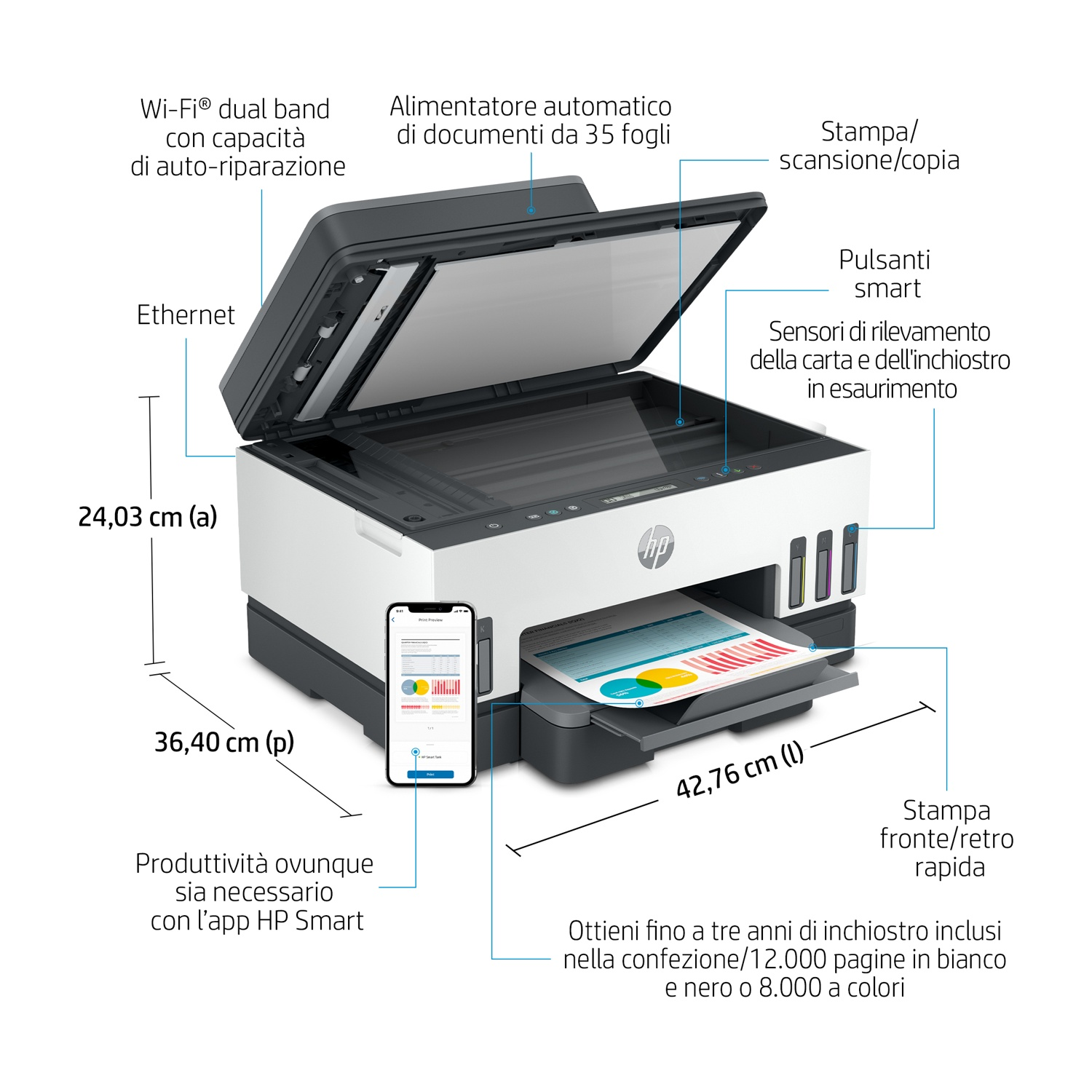 Una stampante HP con uno smartphone che mostra l'interfaccia dell'app.