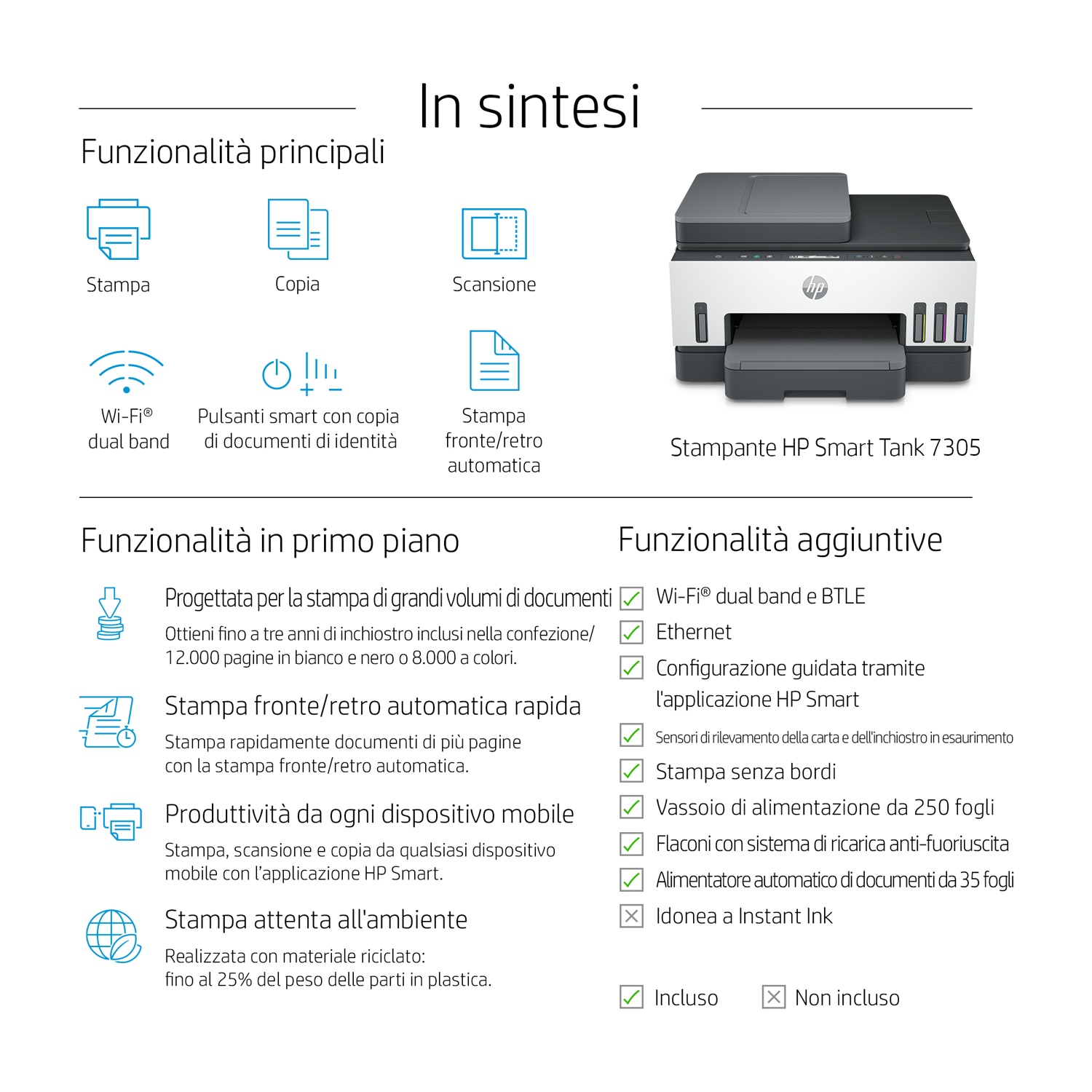 Stampante HP Smart Tank 7305 con funzioni, tra cui copia, scansione, Wi-Fi dual band e stampa automatica.