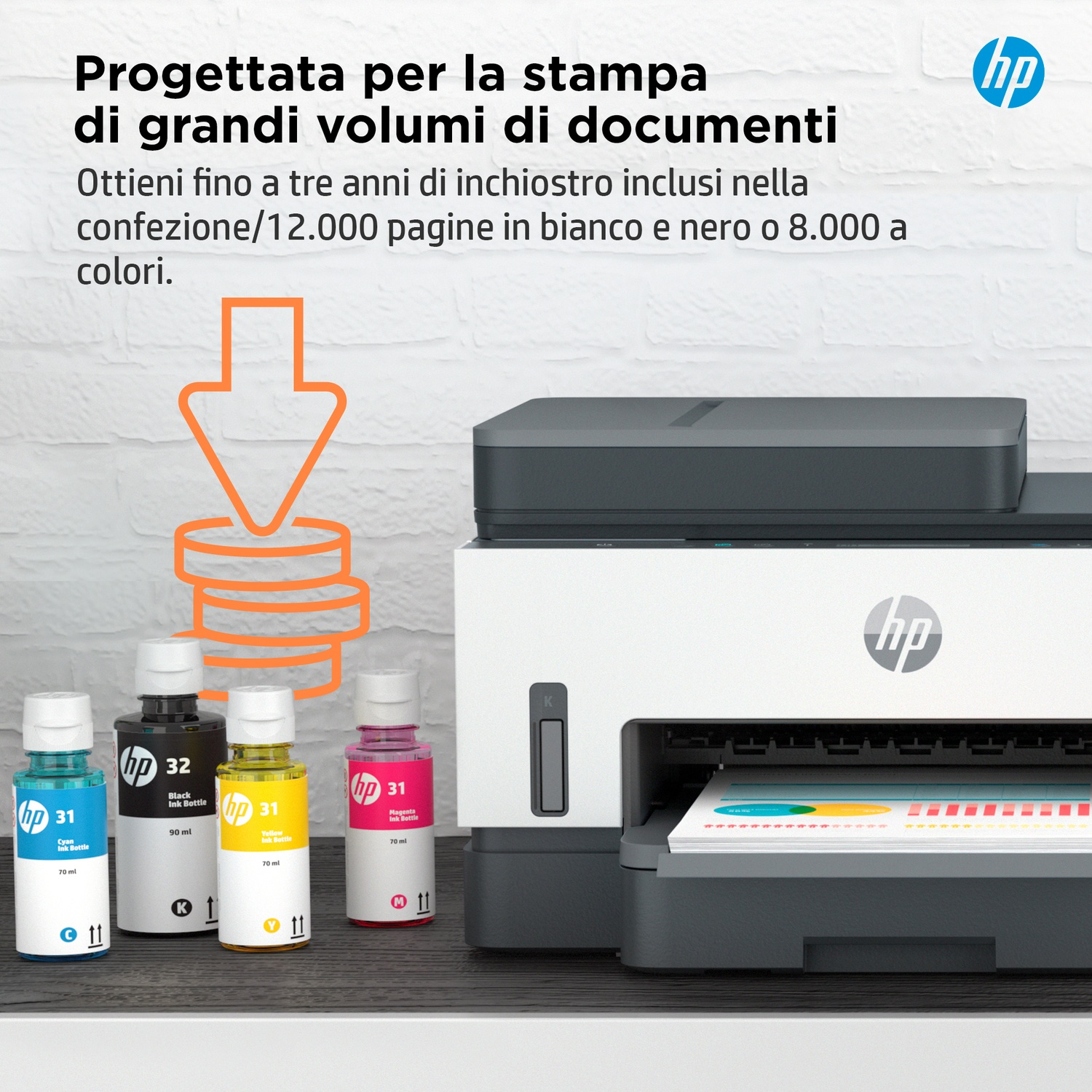 Una stampante HP con flaconi di inchiostro e testo sulla stampa di grandi volumi di documenti.