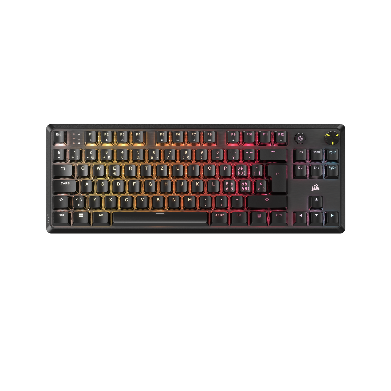 Clavier mécanique noir avec éclairage RVB, lettres et chiffres visibles.