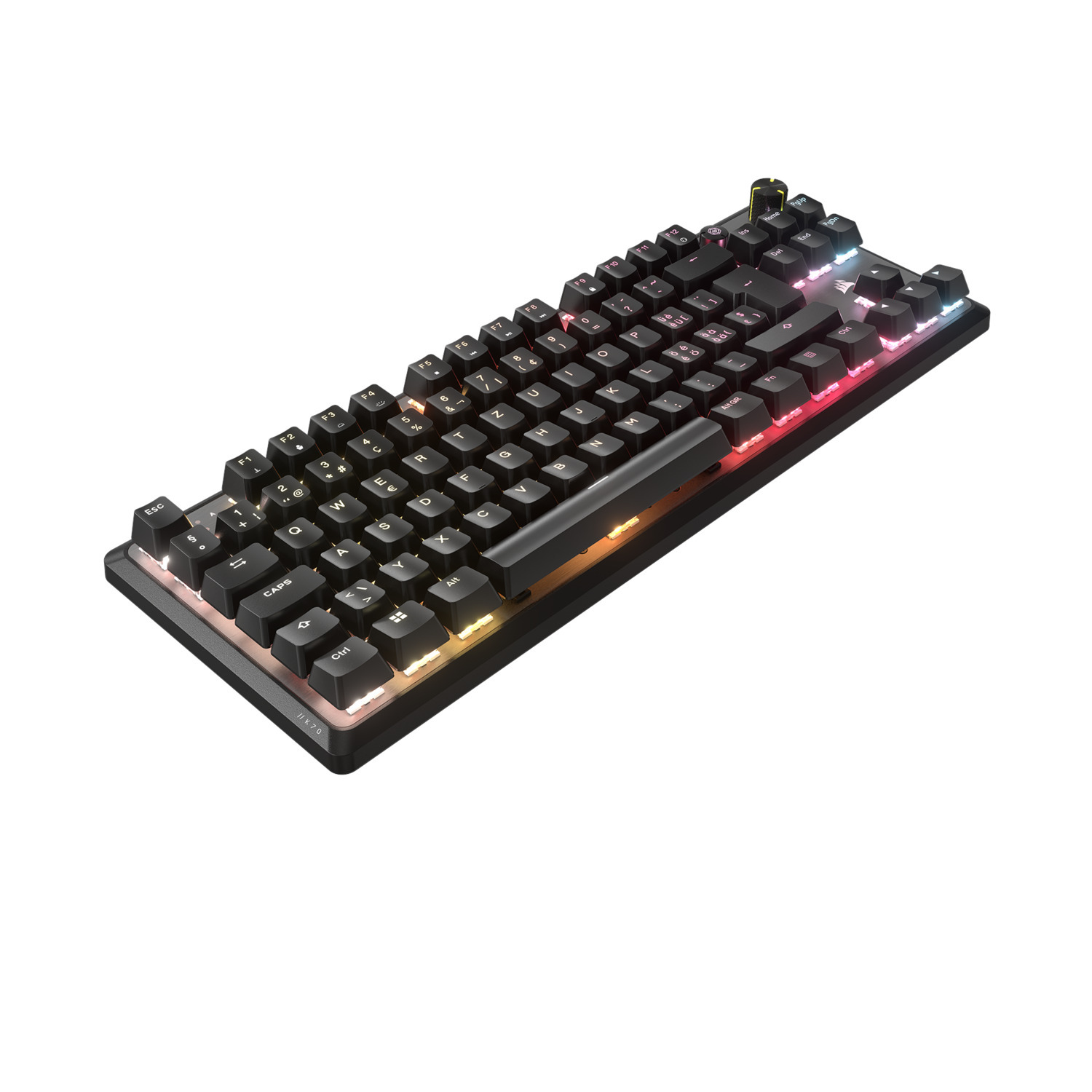 Un clavier noir avec des lumières colorées autour des touches. Les lettres et les chiffres sont visibles.