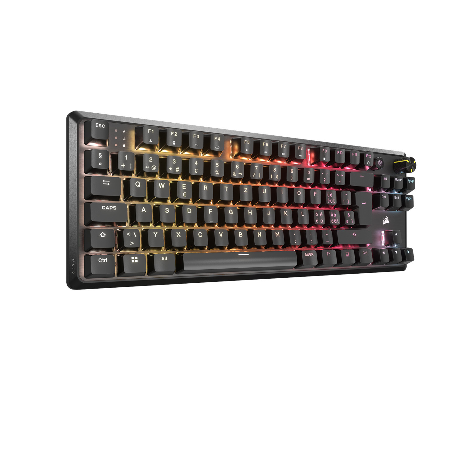 Clavier noir avec touches aux couleurs arc-en-ciel. Design compact et diverses touches.