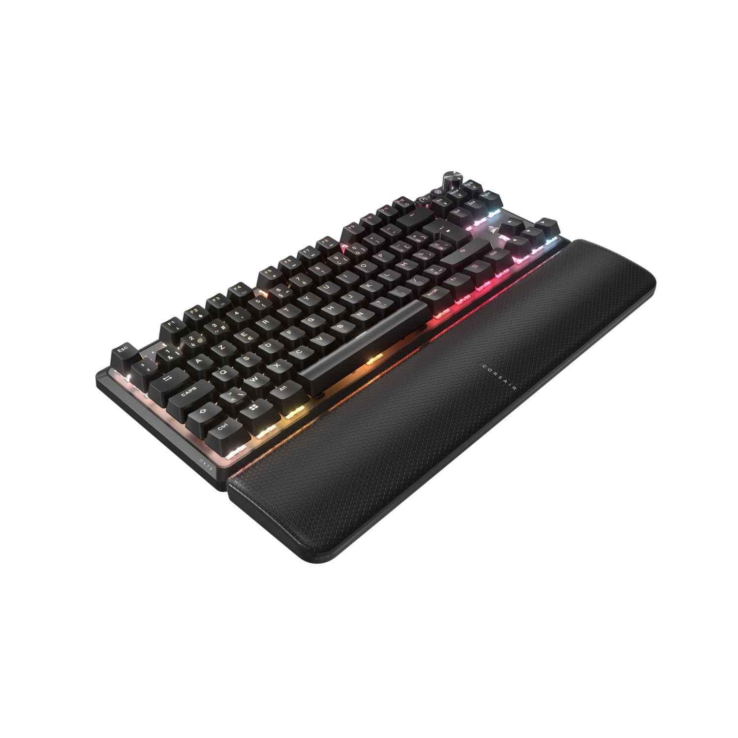 A black keyboard with colorful lights. It has a wrist rest and a white background.