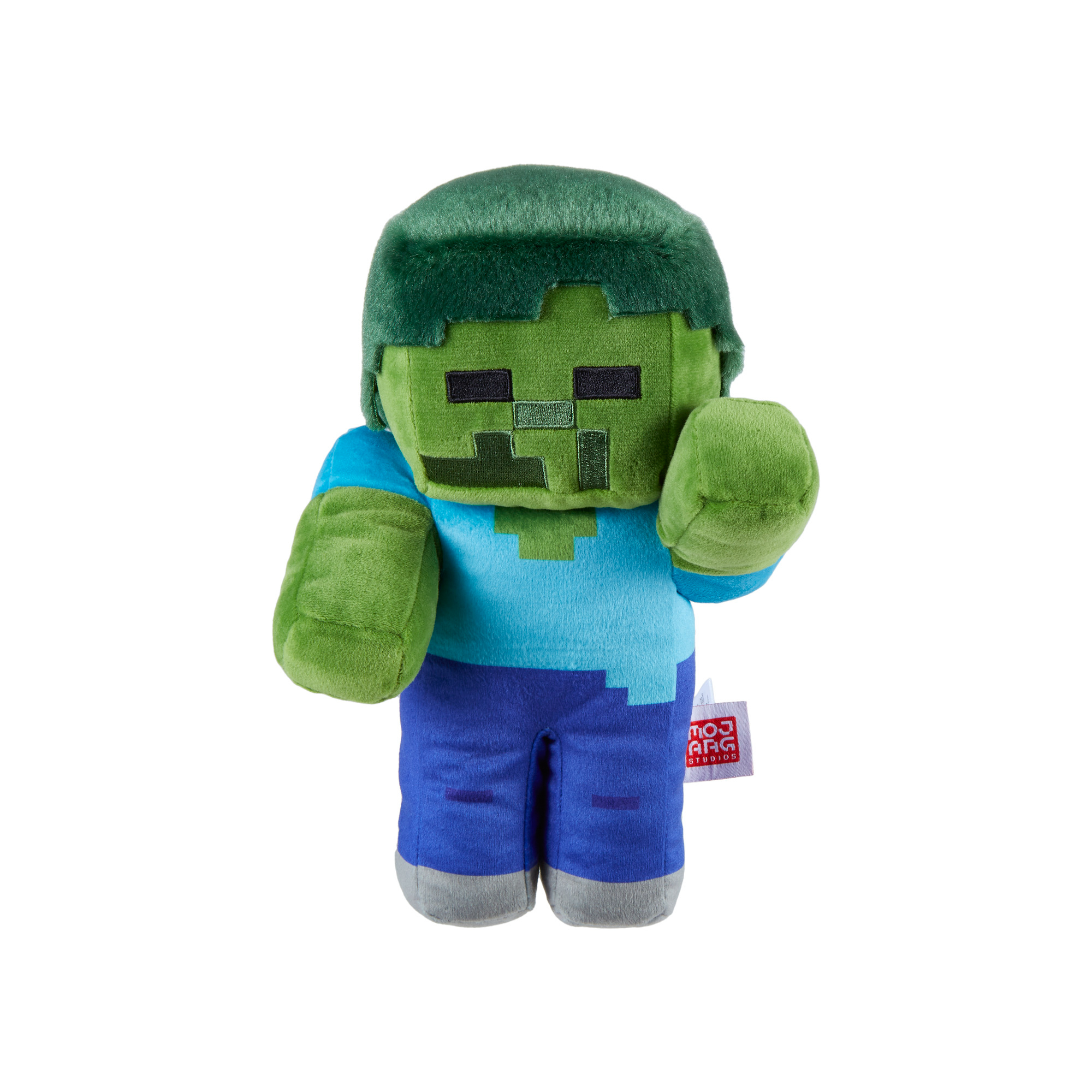 Minecraft Zombie Plüschtier, grüner Kopf, blaues Hemd und Shorts.