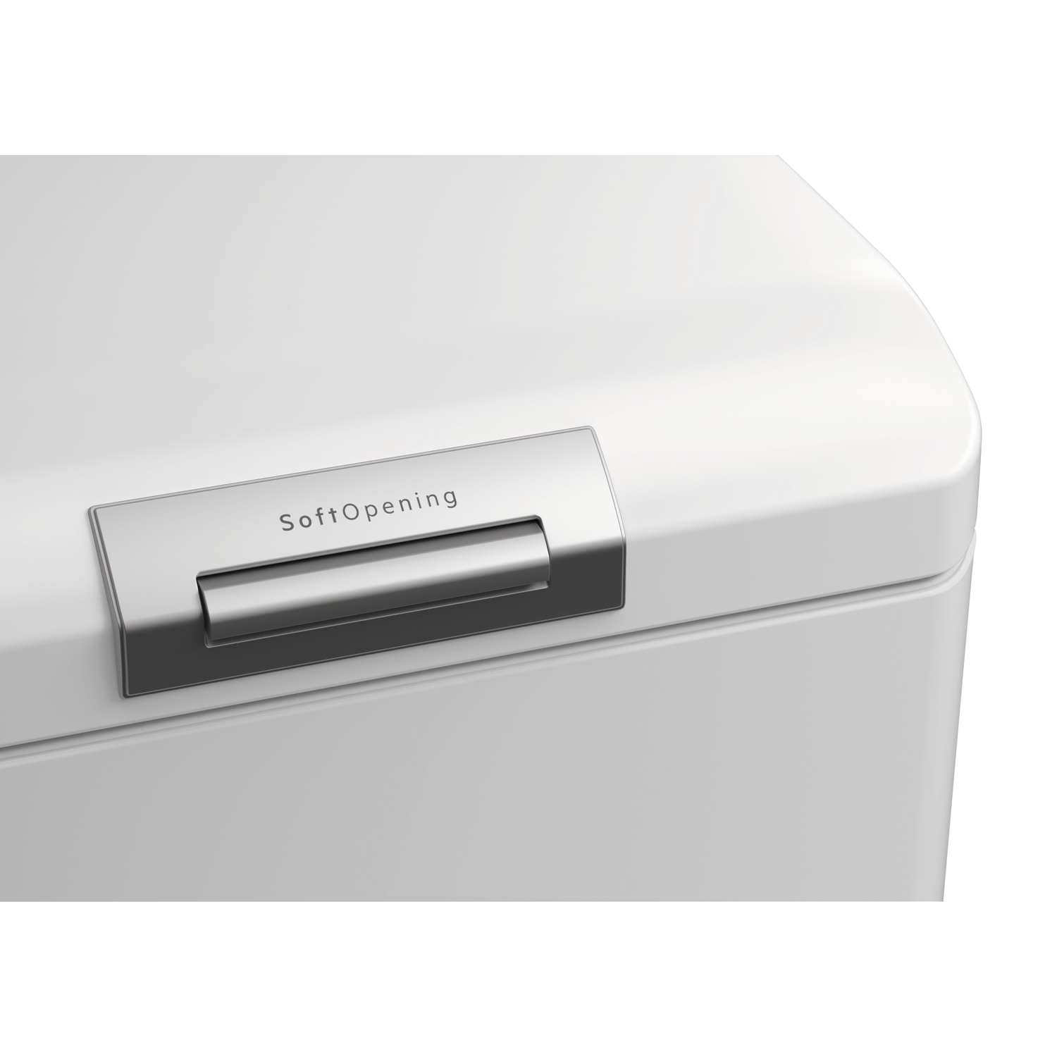 White washing machine with a handle labeled SoftOpening on the top.