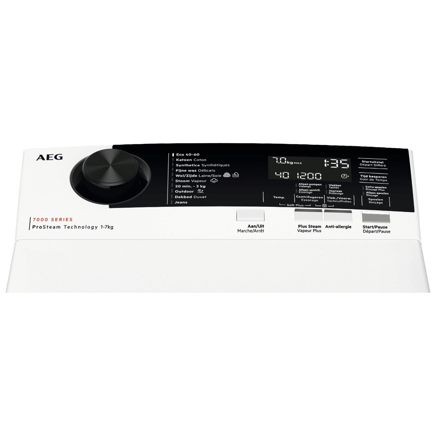 A white AEG washing machine control panel with a black dial and digital display, on a white background.