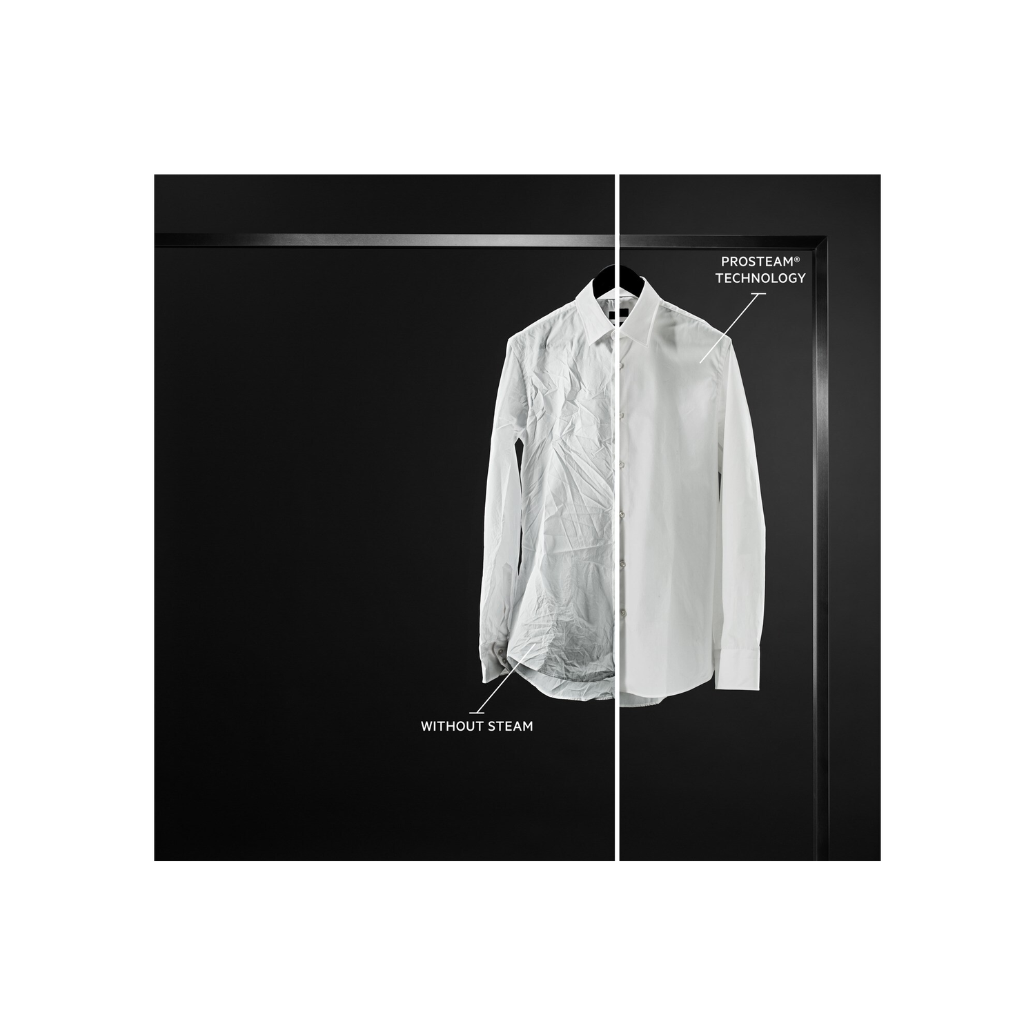 White shirt comparison: without steam and with ProSteam technology, on a black background.