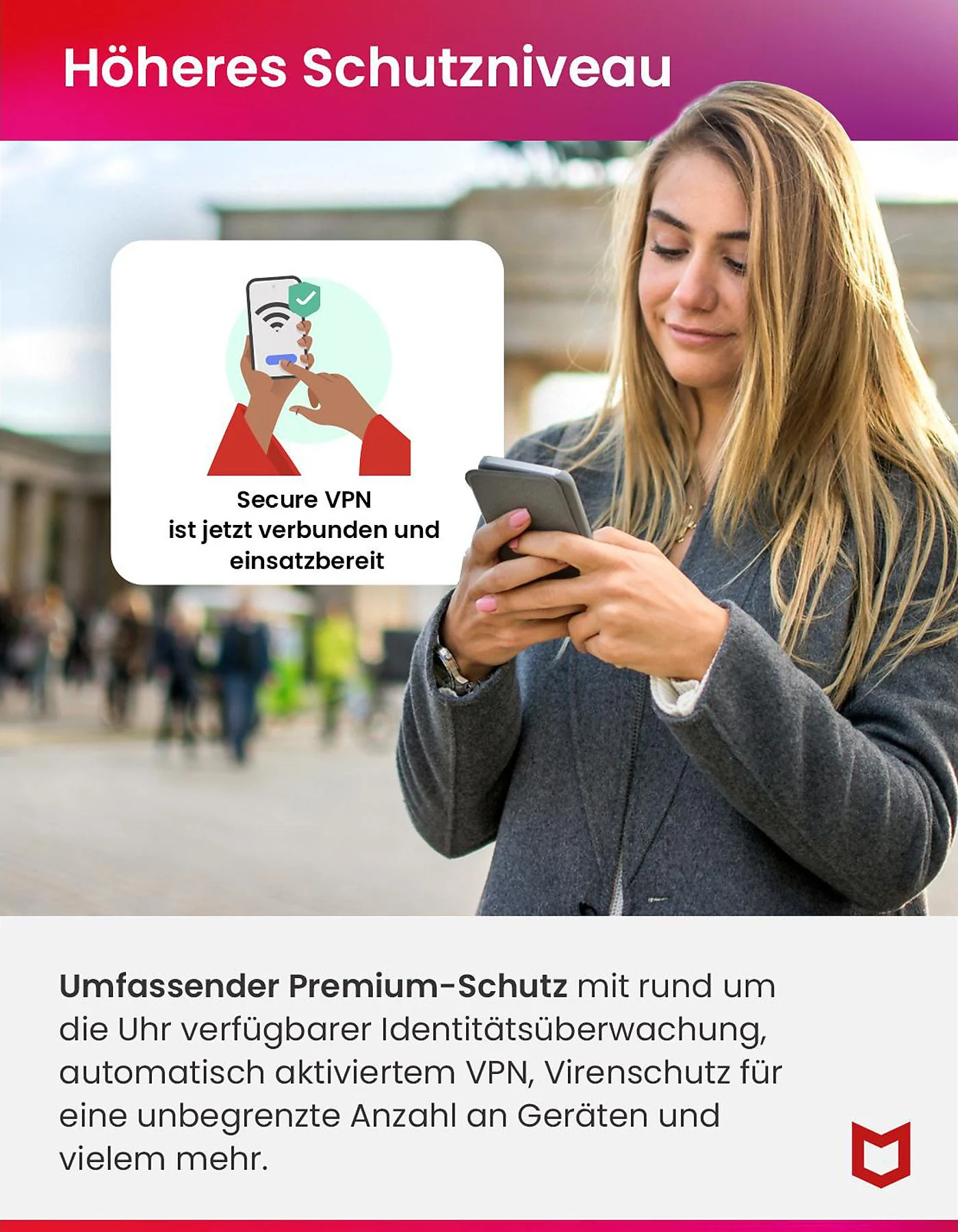 Donna usa telefono, testo su VPN sicura. Sfondo: città.