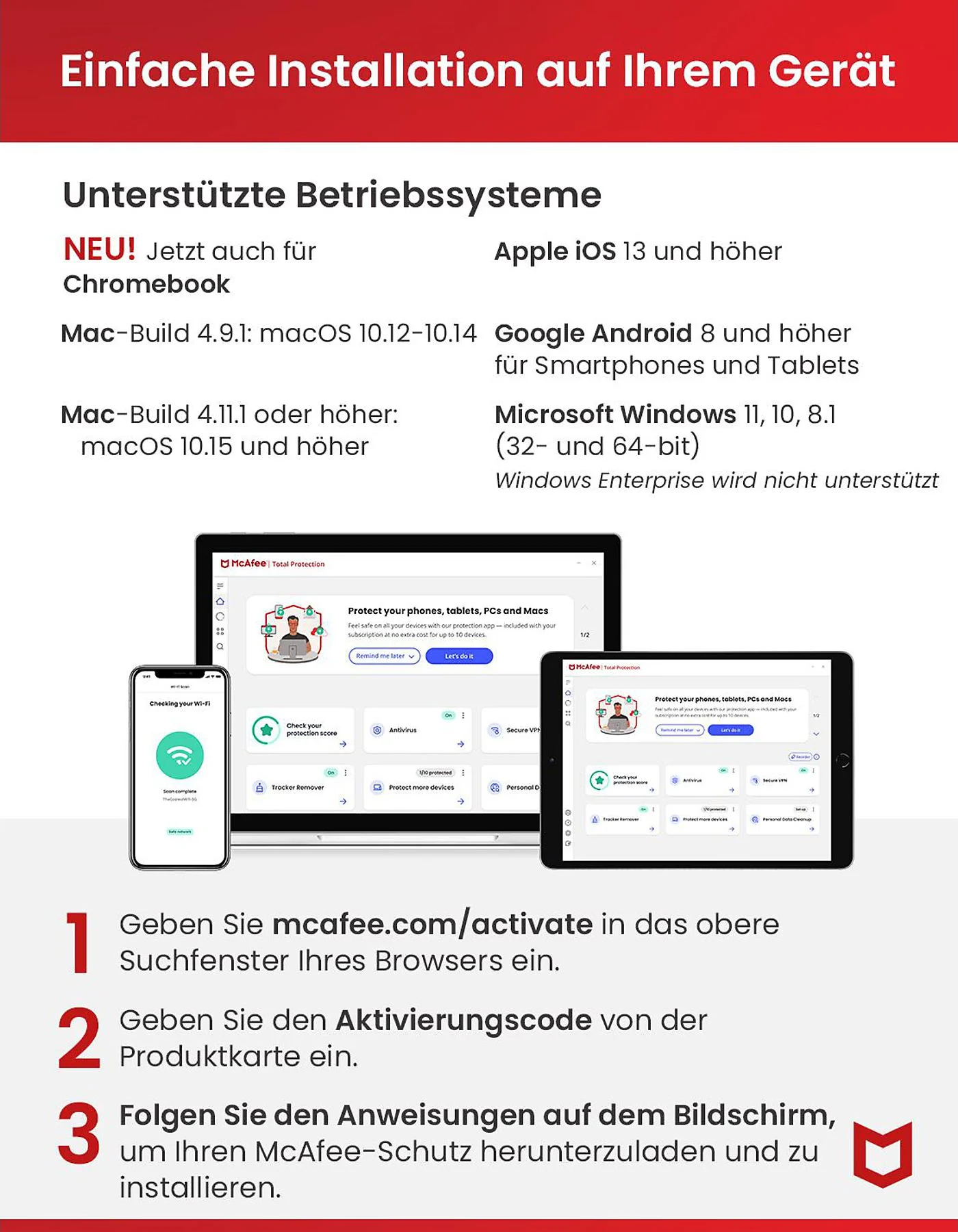 Un foglio informativo in tedesco con dettagli sull'installazione del software McAfee.