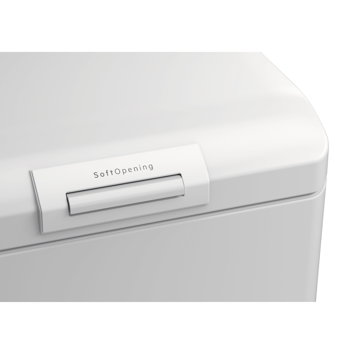 Close-up of a white appliance with a handle labeled 'SoftOpening' on a white surface.