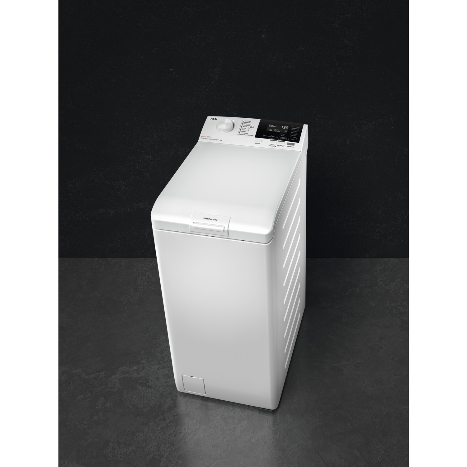 A white washing machine against a dark background. The machine is angled towards the viewer.