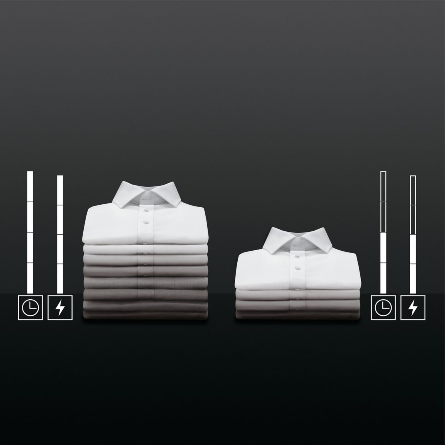 Two stacks of folded white shirts with a graphic illustrating the time and energy saving.