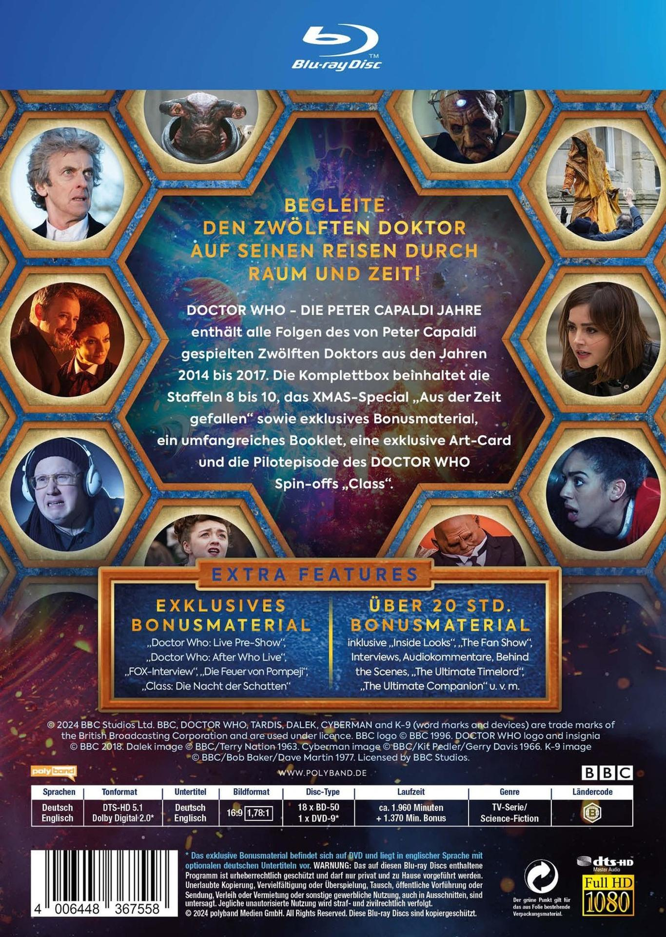 DVD-Rückseite mit Text über Doctor Who. Enthält Fotos der Schauspieler und ein Logo für Blu-ray Disc.
