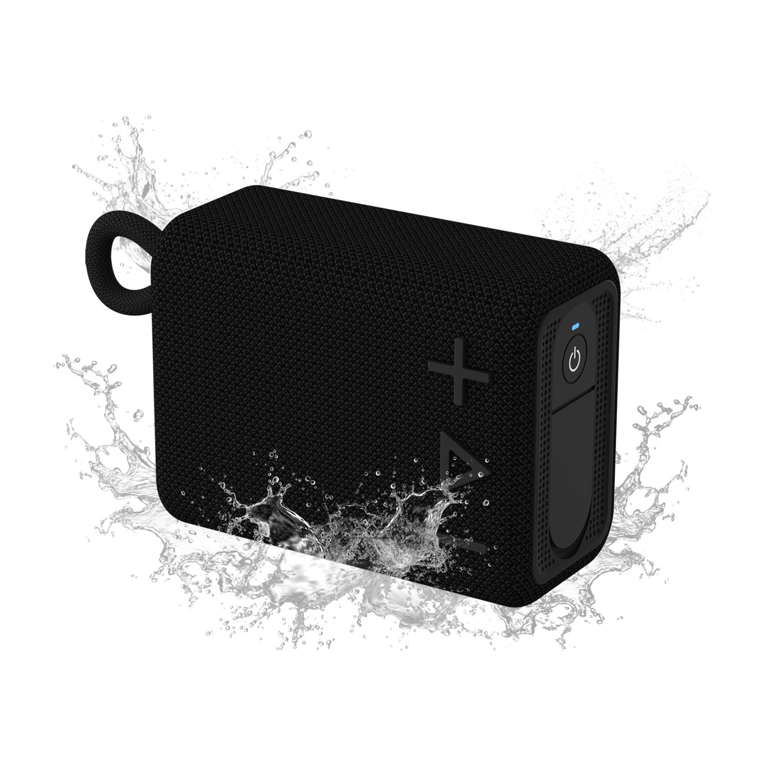 Altoparlante portatile nero con spruzzi d'acqua su sfondo bianco, che mostra i pulsanti laterali.