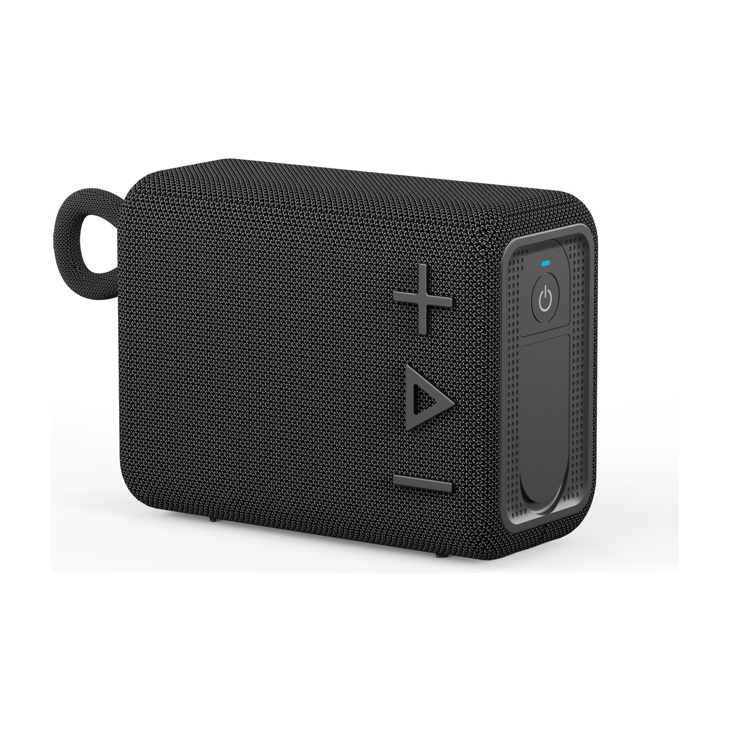 Altoparlante portatile nero con maniglia. Presenta un segno più e meno sulla parte anteriore.