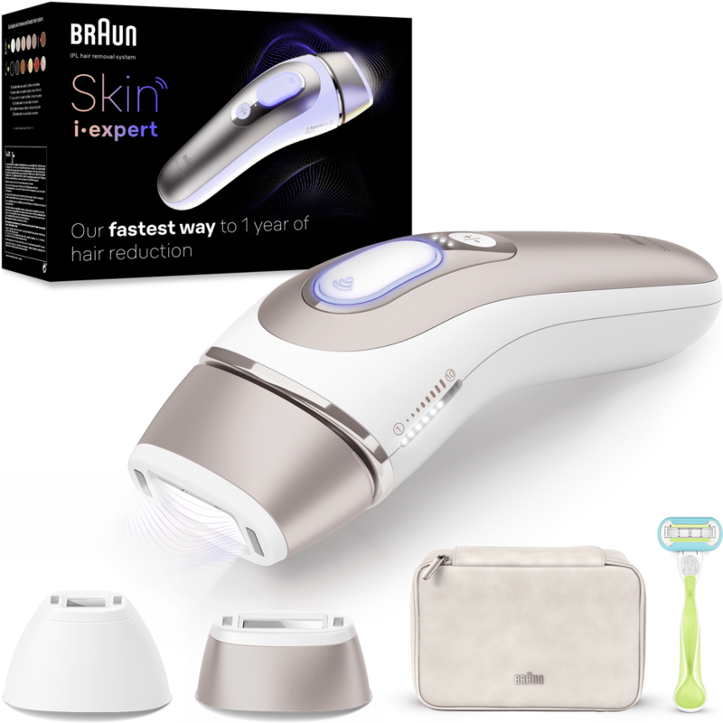 Sistema de depilación IPL Braun con accesorios, caja y una maquinilla de afeitar sobre fondo blanco.