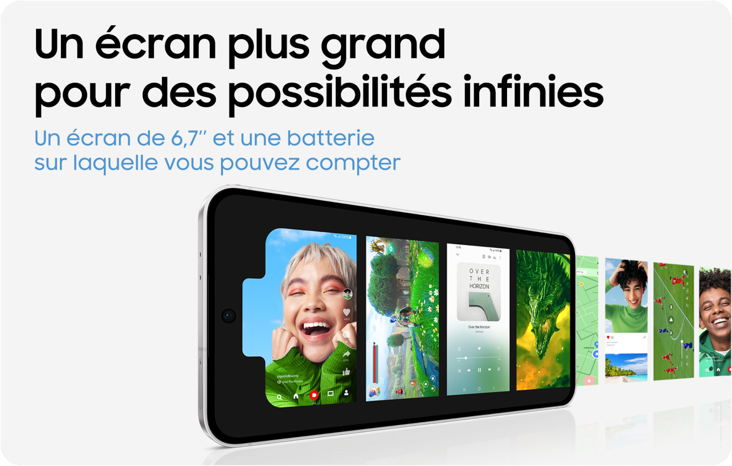 Un smartphone avec diverses applications affichées, superposé sur un fond blanc. L'écran montre plusieurs visages.