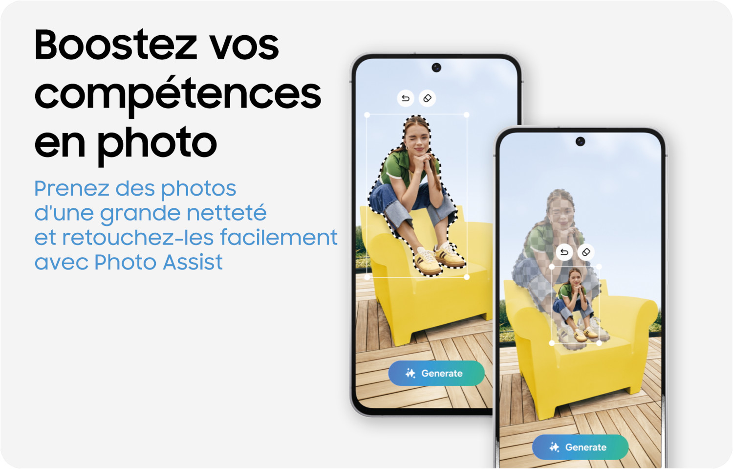 Deux smartphones avec des interfaces de retouche photo. Le texte dit 'Boostez vos compétences en photo'.